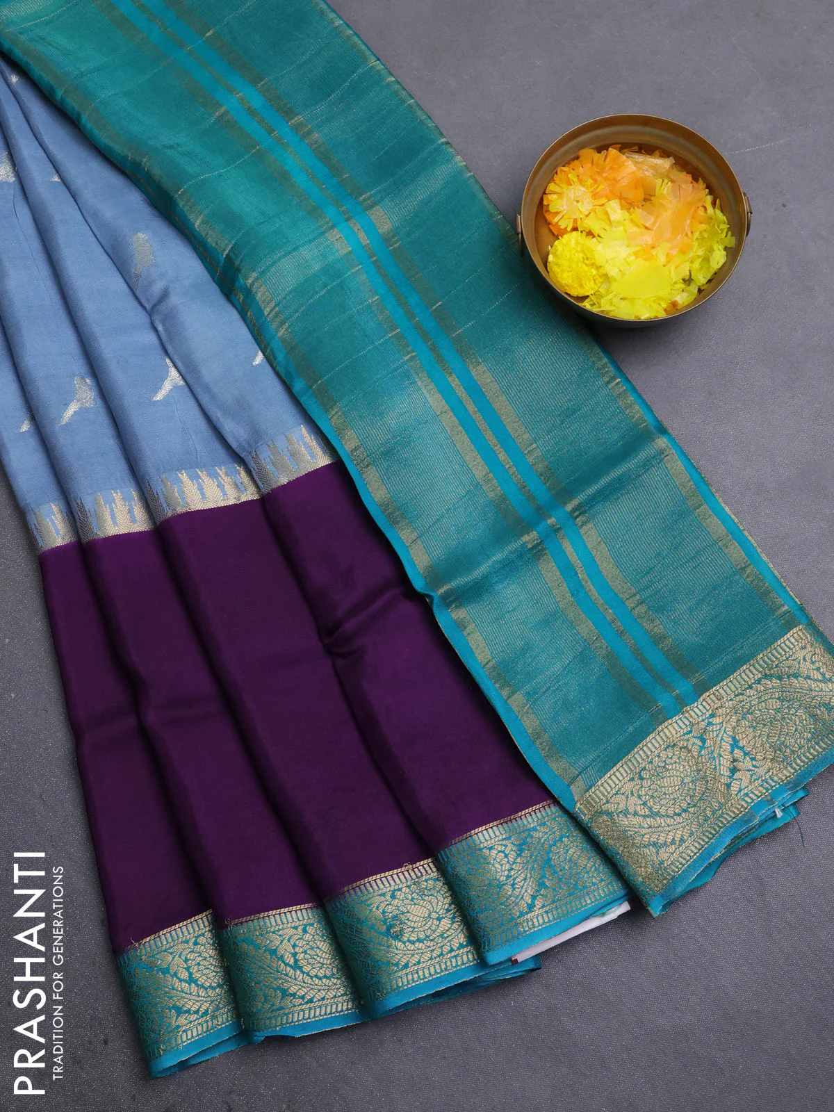 Semi mysore silk saree bluish grey violet and teal green with zari woven buttas and long rettapel temple zari woven border