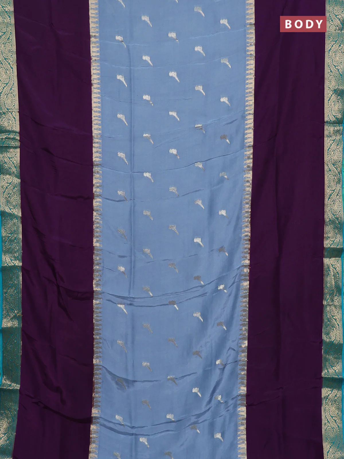 Semi mysore silk saree bluish grey violet and teal green with zari woven buttas and long rettapel temple zari woven border - Image 2