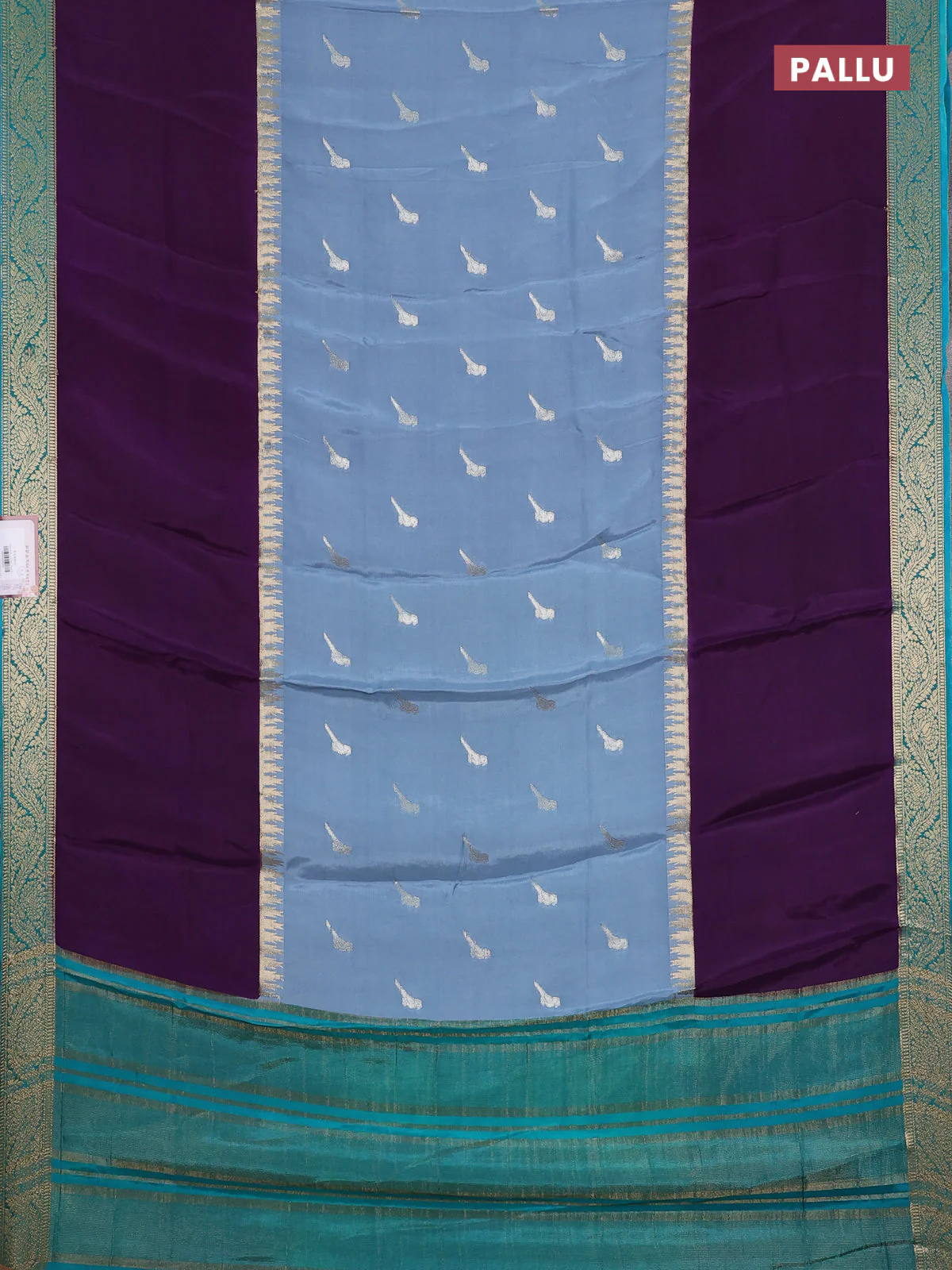 Semi mysore silk saree bluish grey violet and teal green with zari woven buttas and long rettapel temple zari woven border - Image 3