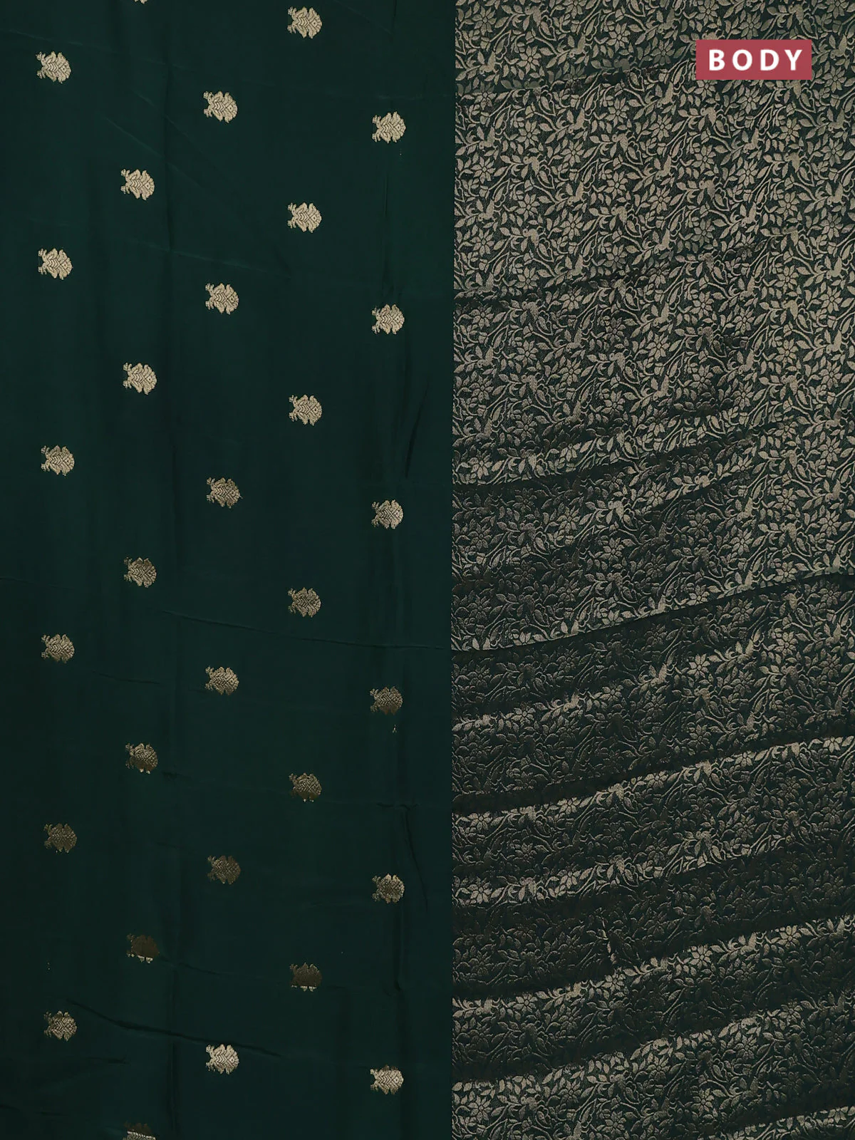 Semi mysore silk saree bottle green and yellow with half & half style and long zari woven border - Image 2