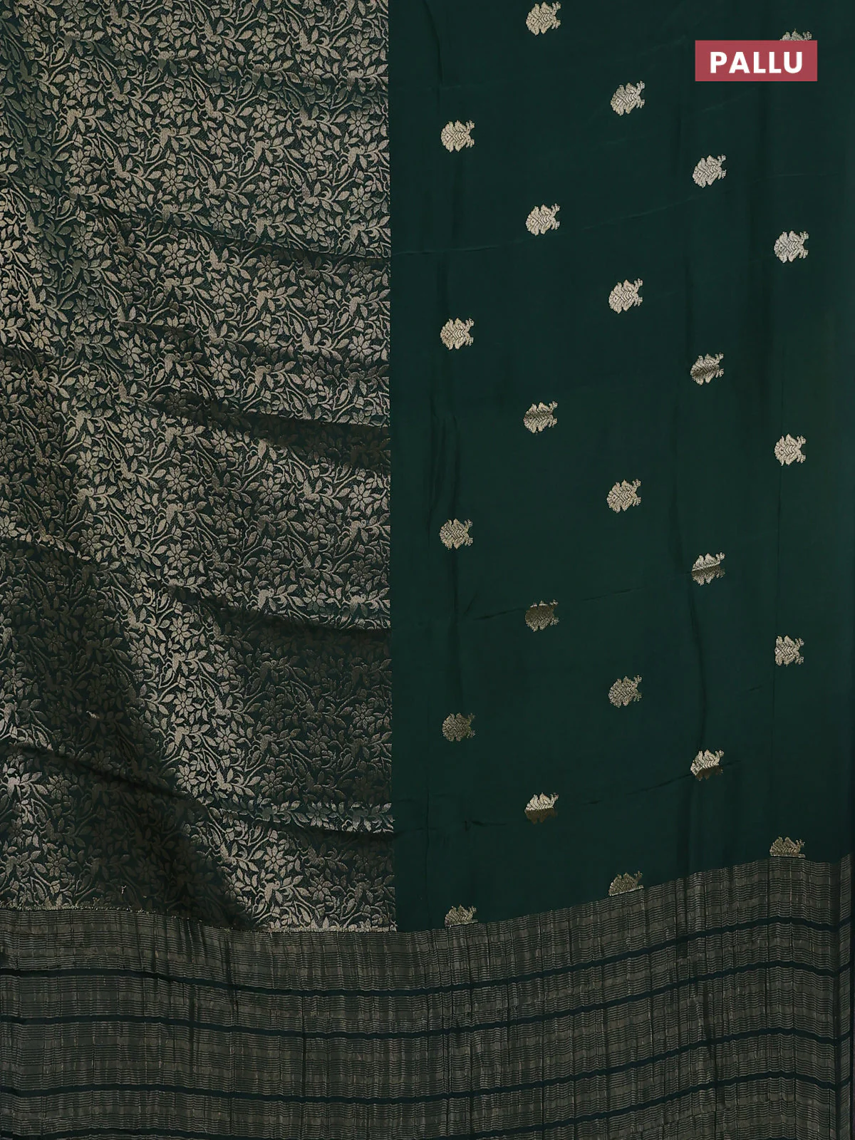 Semi mysore silk saree bottle green and yellow with half & half style and long zari woven border - Image 3