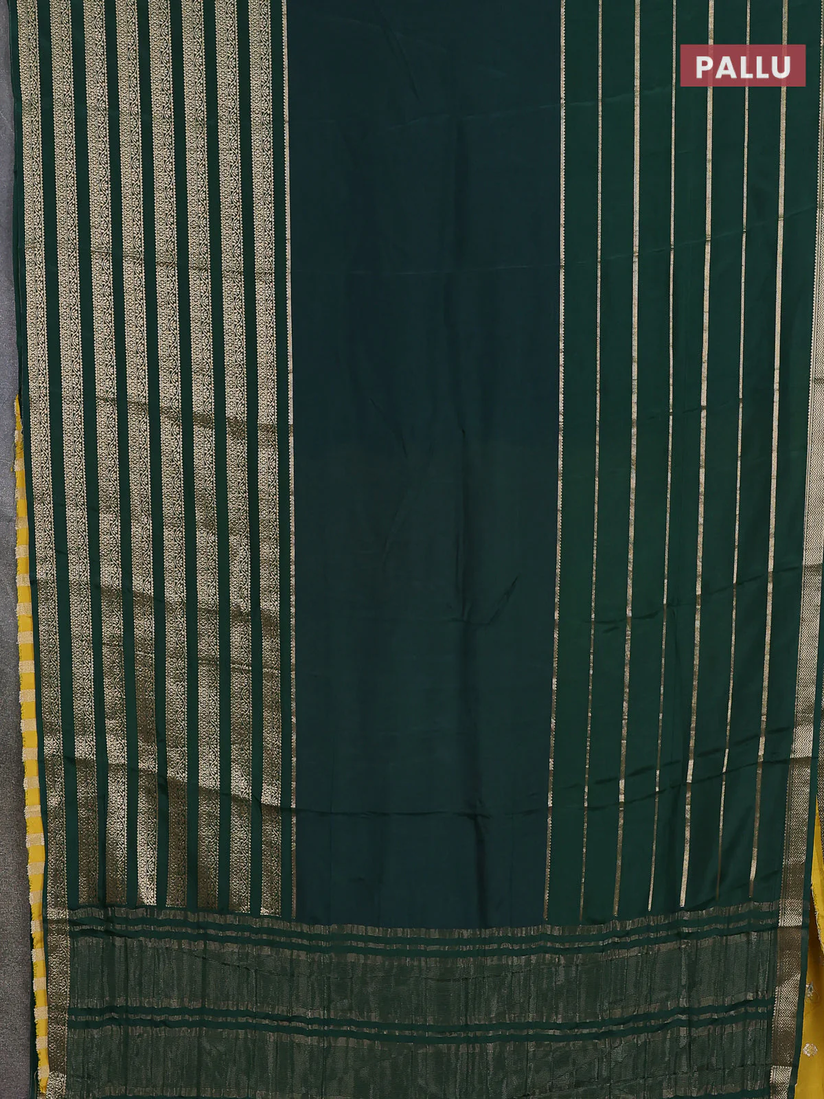 Semi mysore silk saree bottle green and yellow with plain body and long zari woven border - Image 3