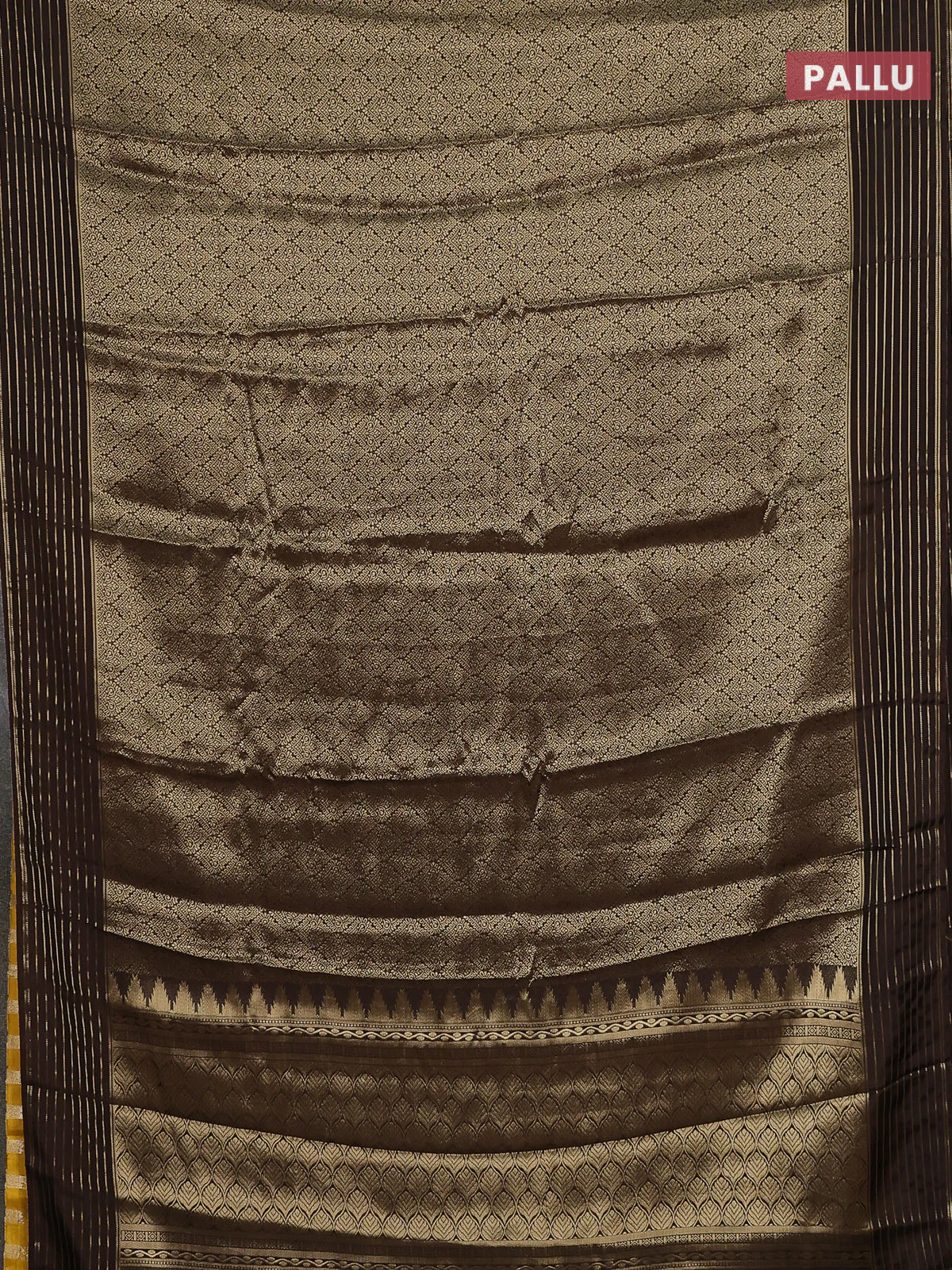 Semi mysore silk saree brown and yellow with allover zari woven brocade weaves and zari woven border - Image 3
