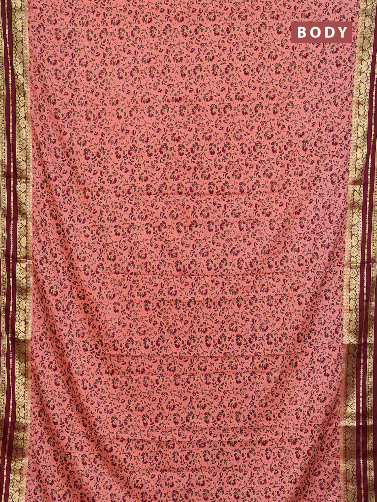 Semi mysore silk saree candy pink and maroon with allover prints and zari woven border - Image 2