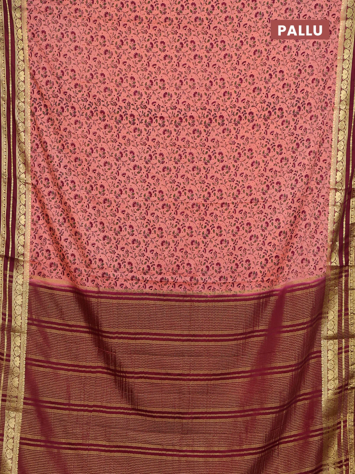 Semi mysore silk saree candy pink and maroon with allover prints and zari woven border - Image 3
