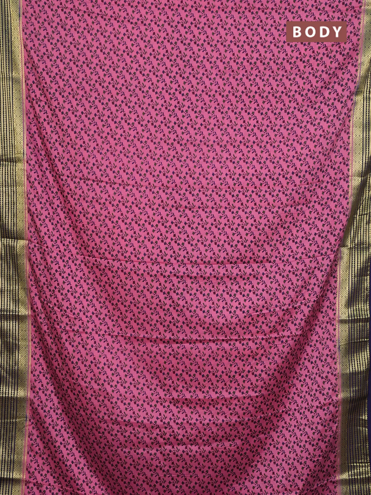 Semi mysore silk saree candy pink and navy blue with allover prints and zari woven border - Image 2