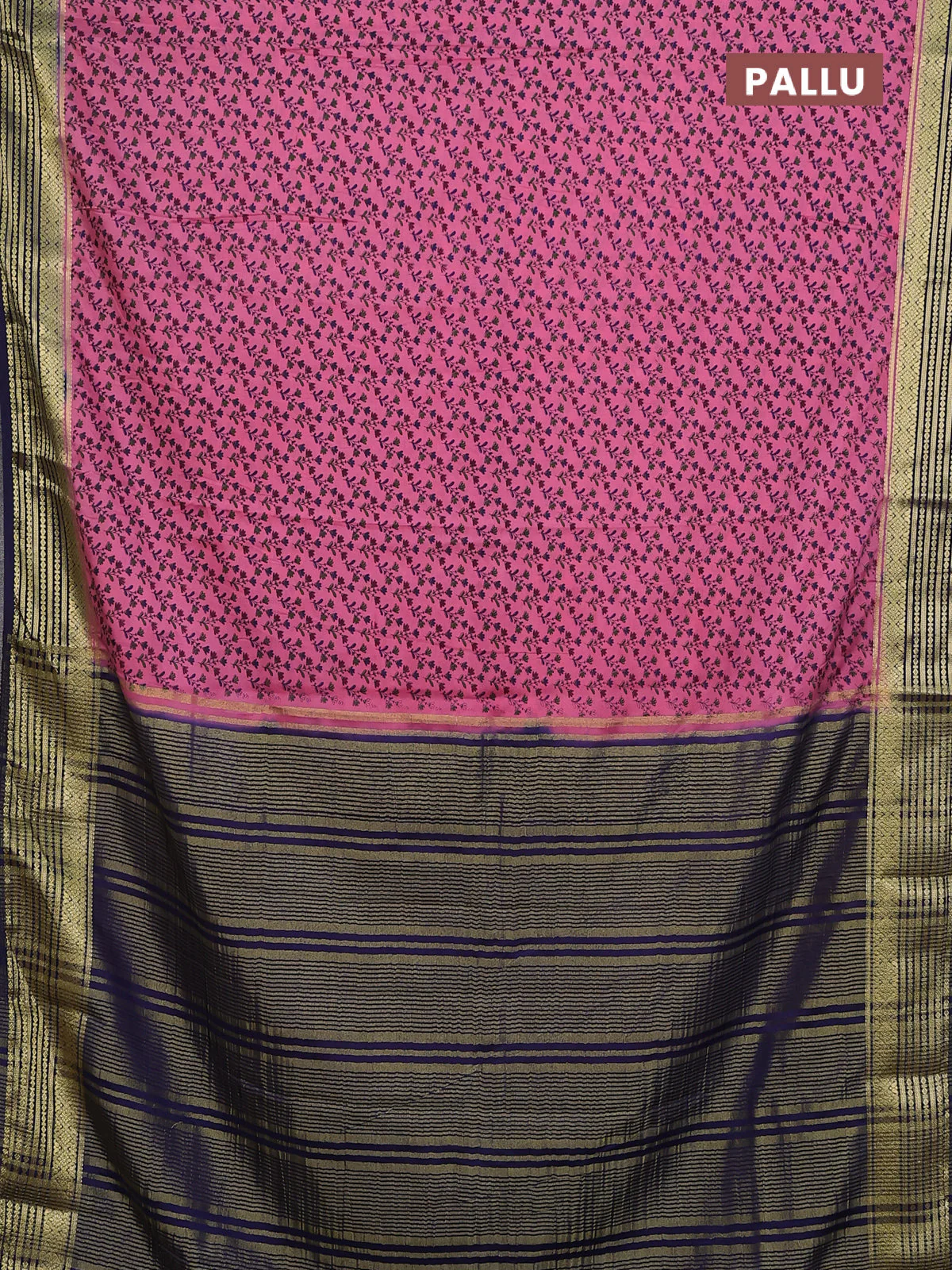 Semi mysore silk saree candy pink and navy blue with allover prints and zari woven border - Image 3