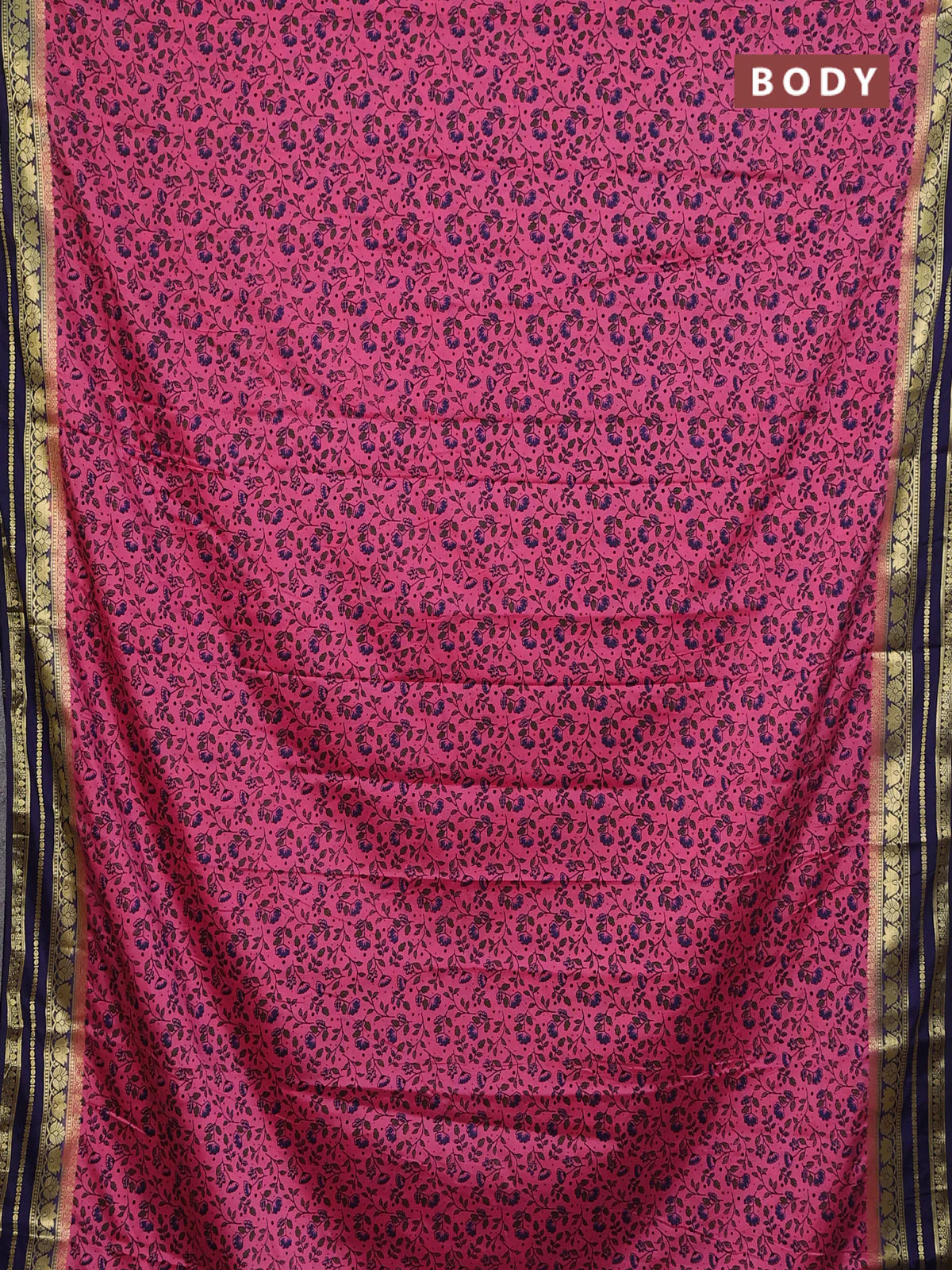 Semi mysore silk saree candy pink and navy blue with allover prints and zari woven border - Image 2