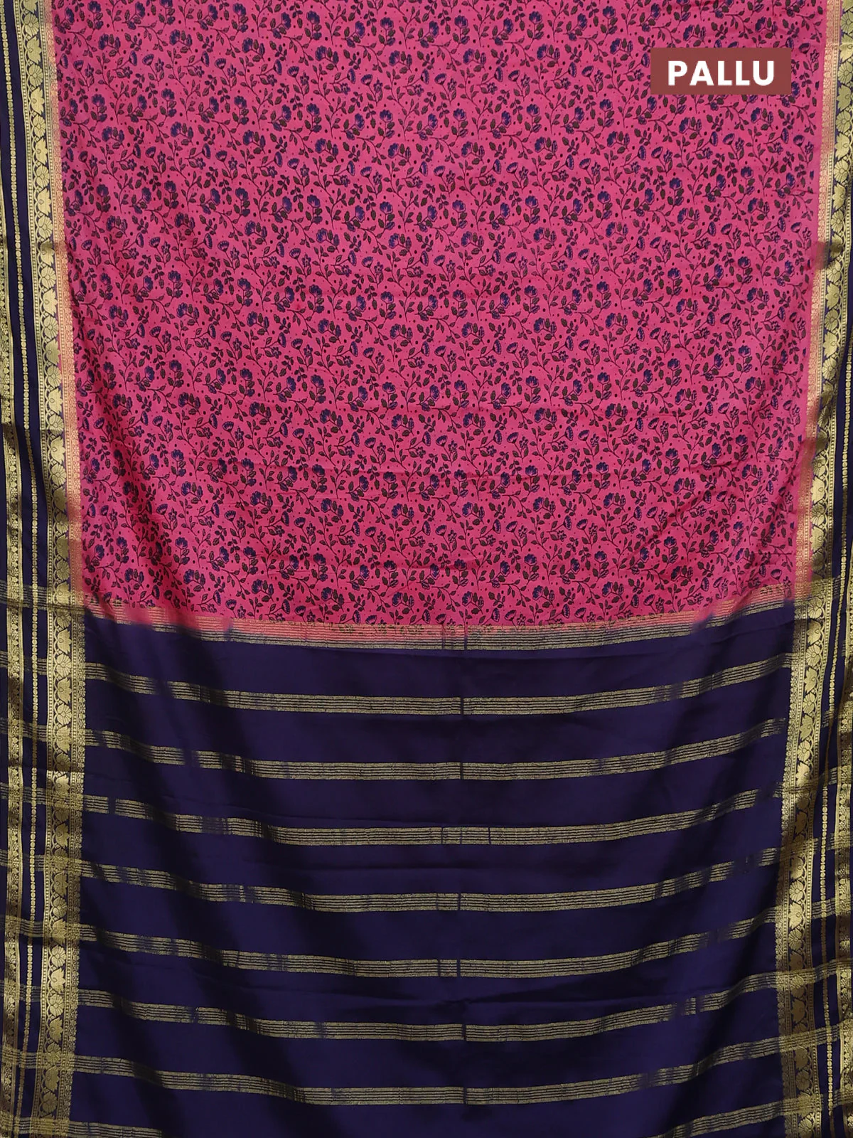 Semi mysore silk saree candy pink and navy blue with allover prints and zari woven border - Image 3