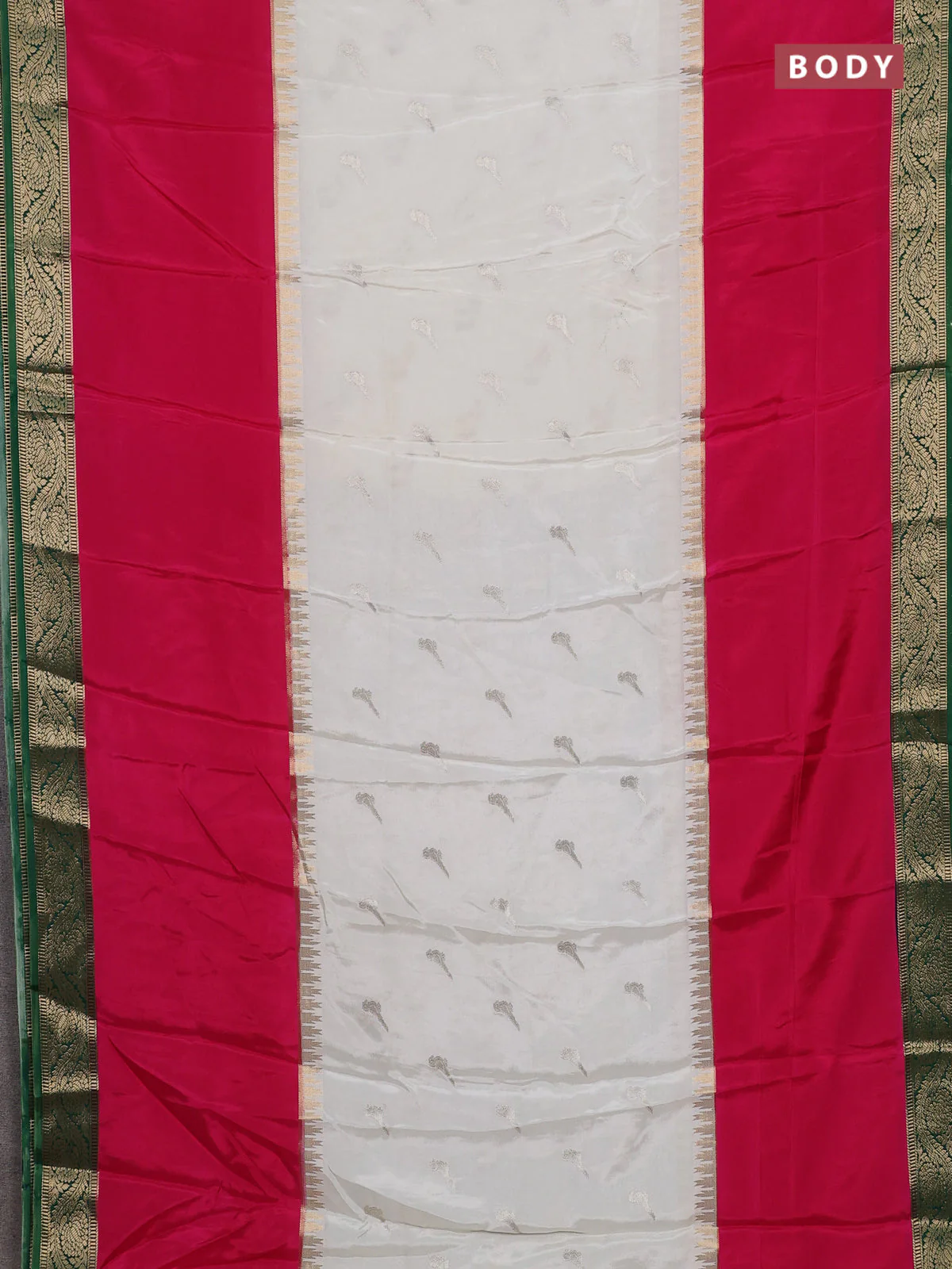 Semi mysore silk saree cram pink and green with zari woven buttas and rettapet temple zari woven border - Image 2