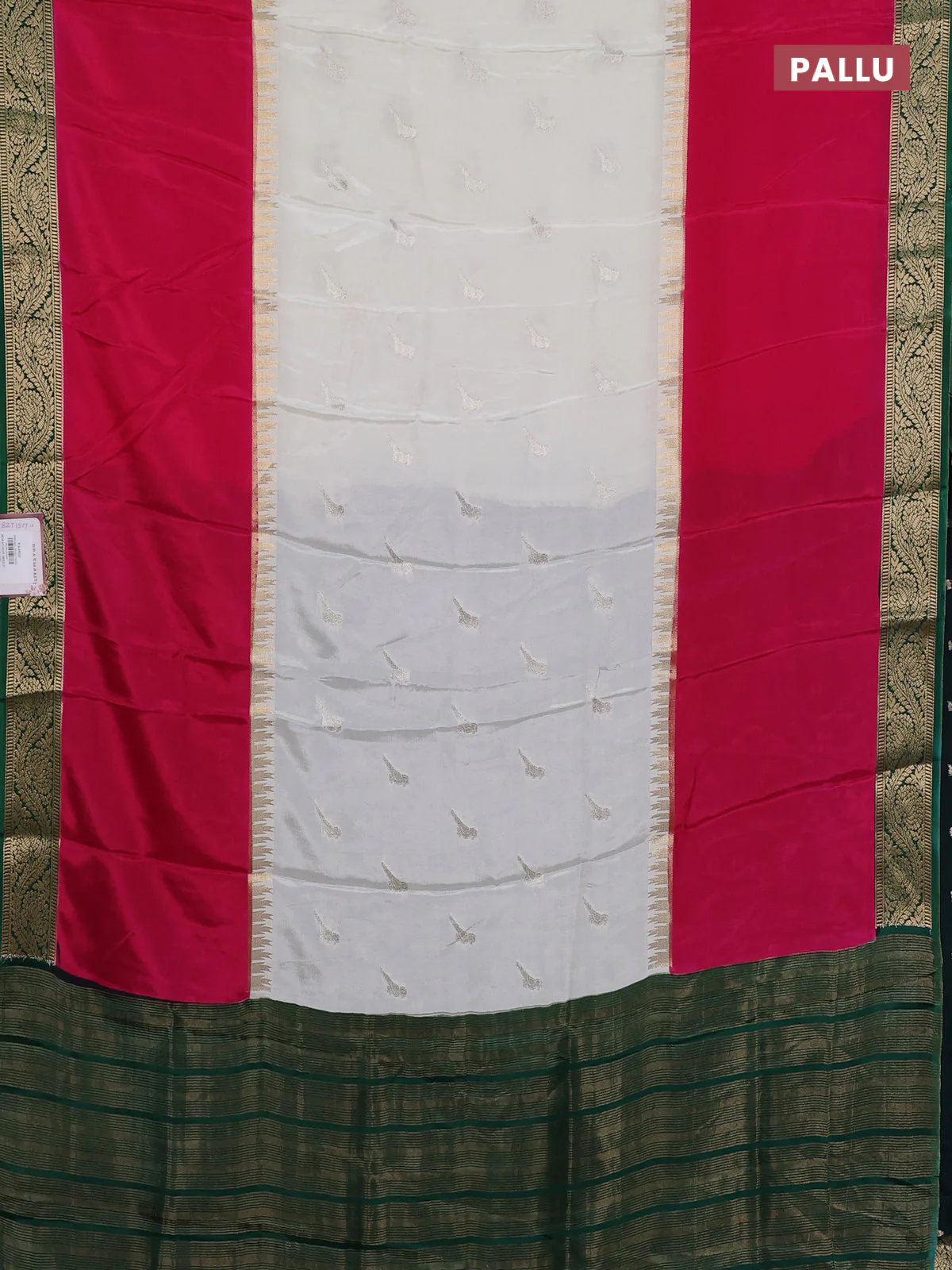 Semi mysore silk saree cram pink and green with zari woven buttas and rettapet temple zari woven border - Image 3