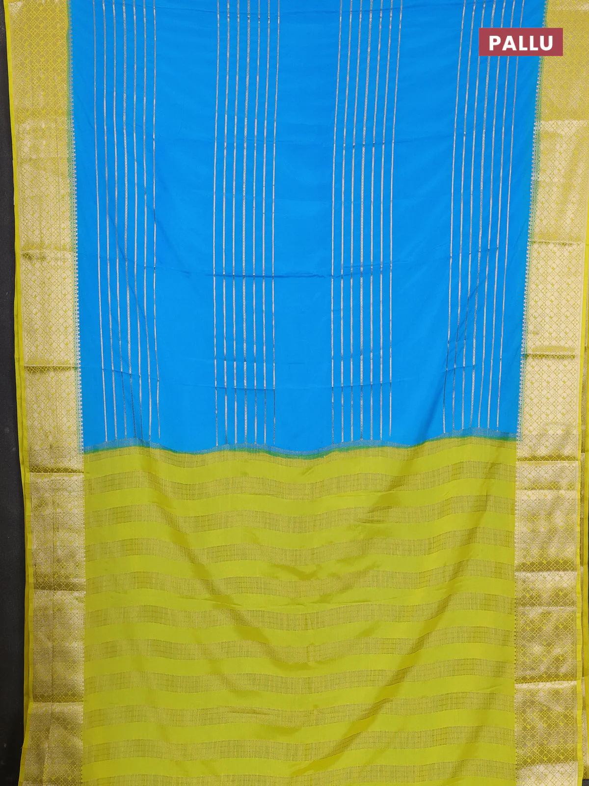 Semi mysore silk saree cs blue and lime yellow with allover zari weaves and zari woven border - Image 3