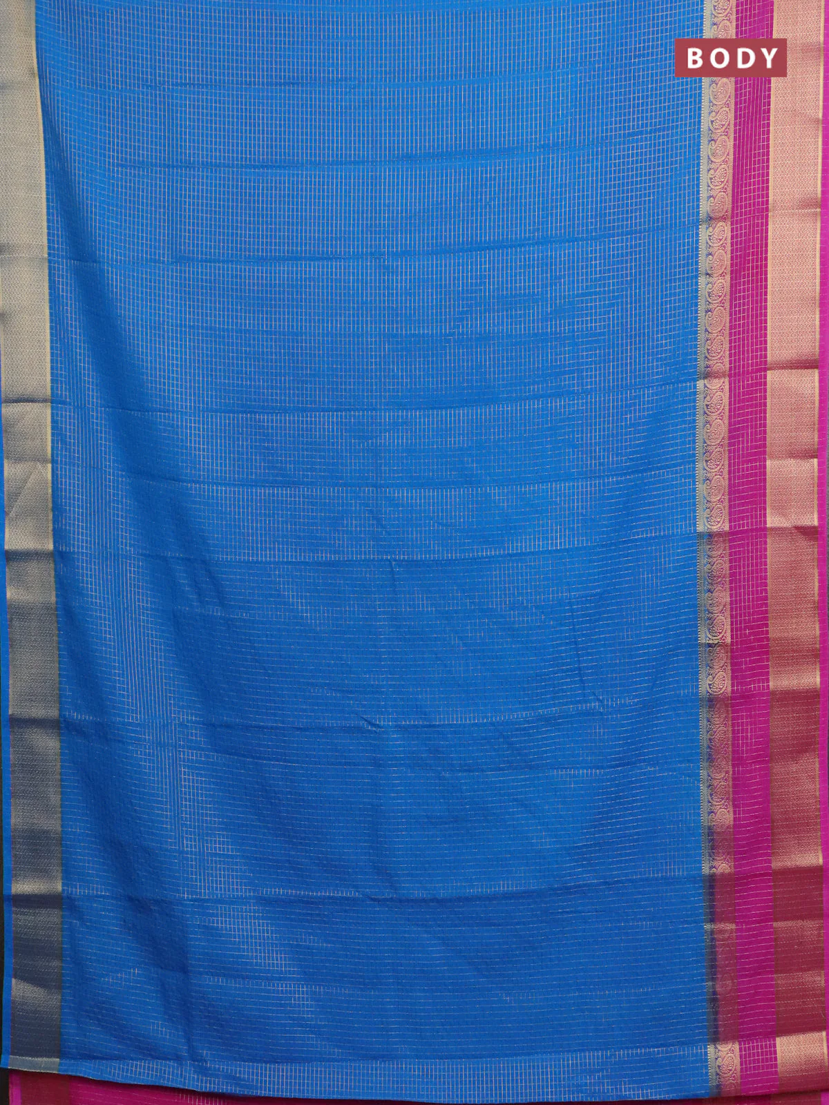 Semi mysore silk saree cs blue and pink with allover small zari checked pattern and zari woven border - Image 2