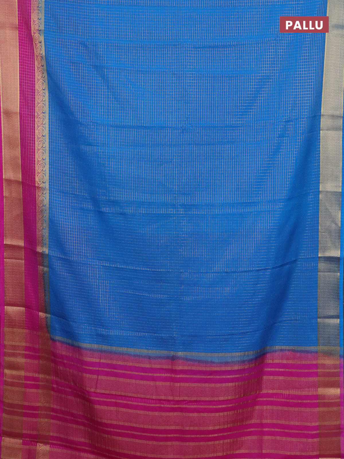 Semi mysore silk saree cs blue and pink with allover small zari checked pattern and zari woven border - Image 3