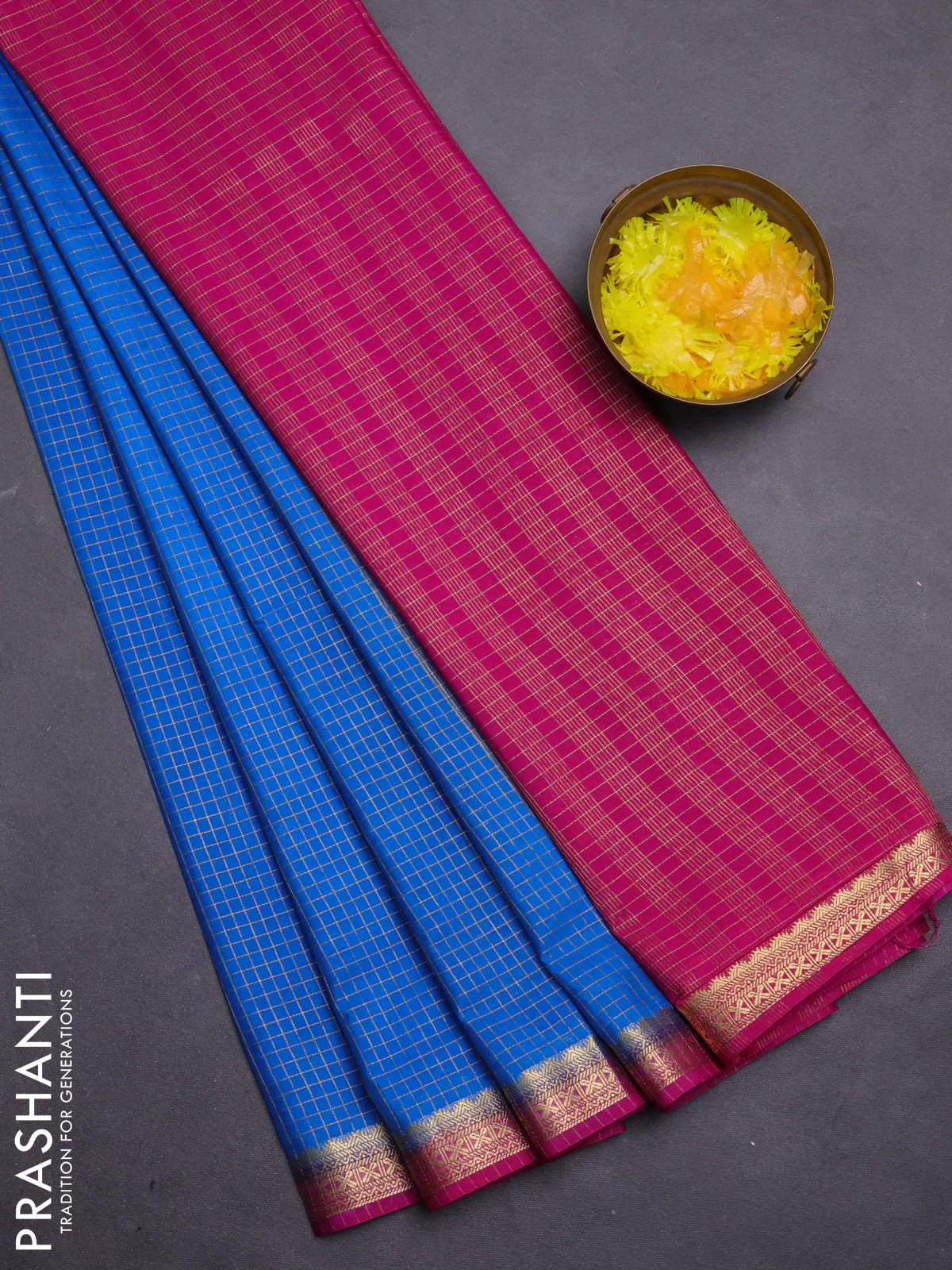 Semi mysore silk saree cs blue and pink with allover zari checked pattern and zari woven border
