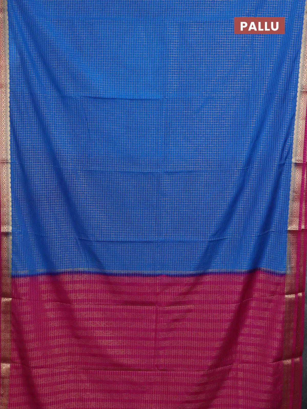 Semi mysore silk saree cs blue and pink with allover zari checked pattern and zari woven border - Image 3