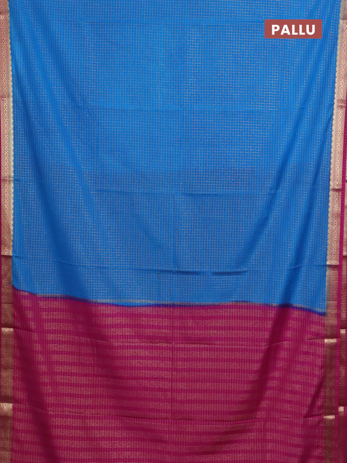 Semi mysore silk saree cs blue and pink with allover zari checked pattern and zari woven border - Image 3
