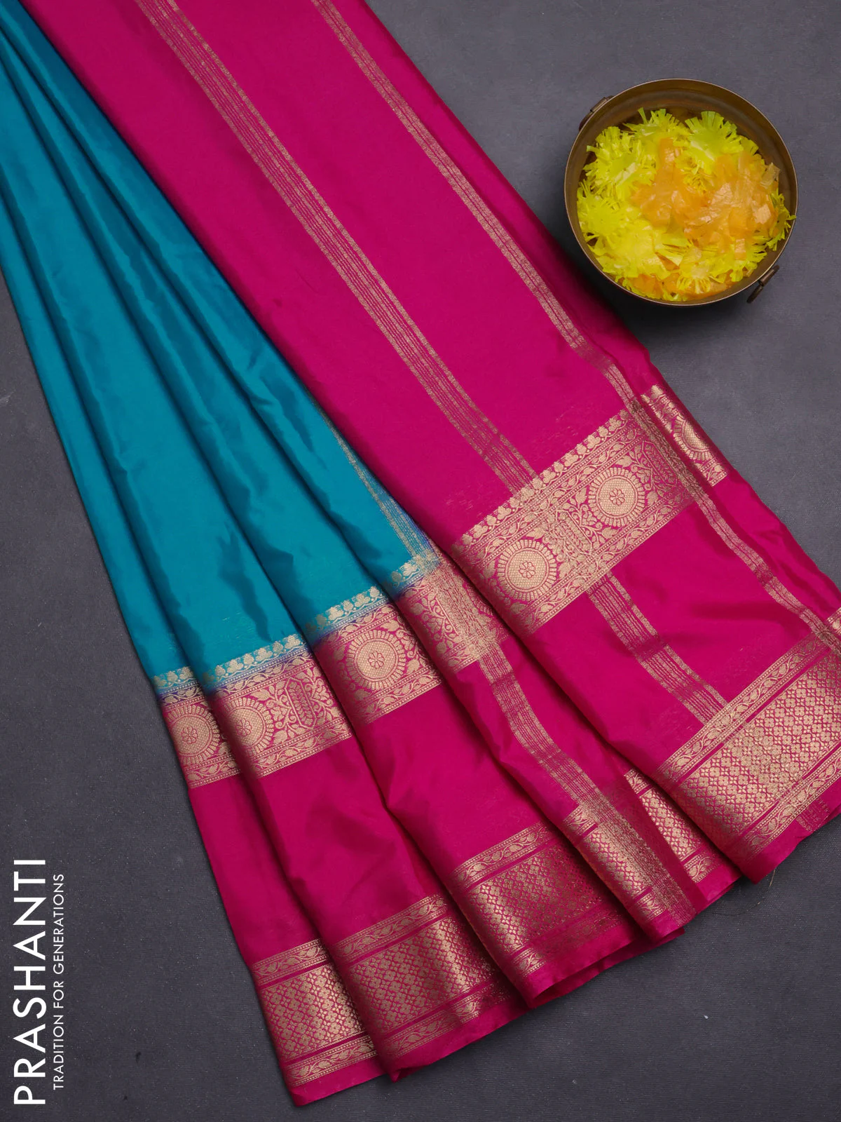 Semi mysore silk saree cs blue and pink with plain body and rettapet zari woven border