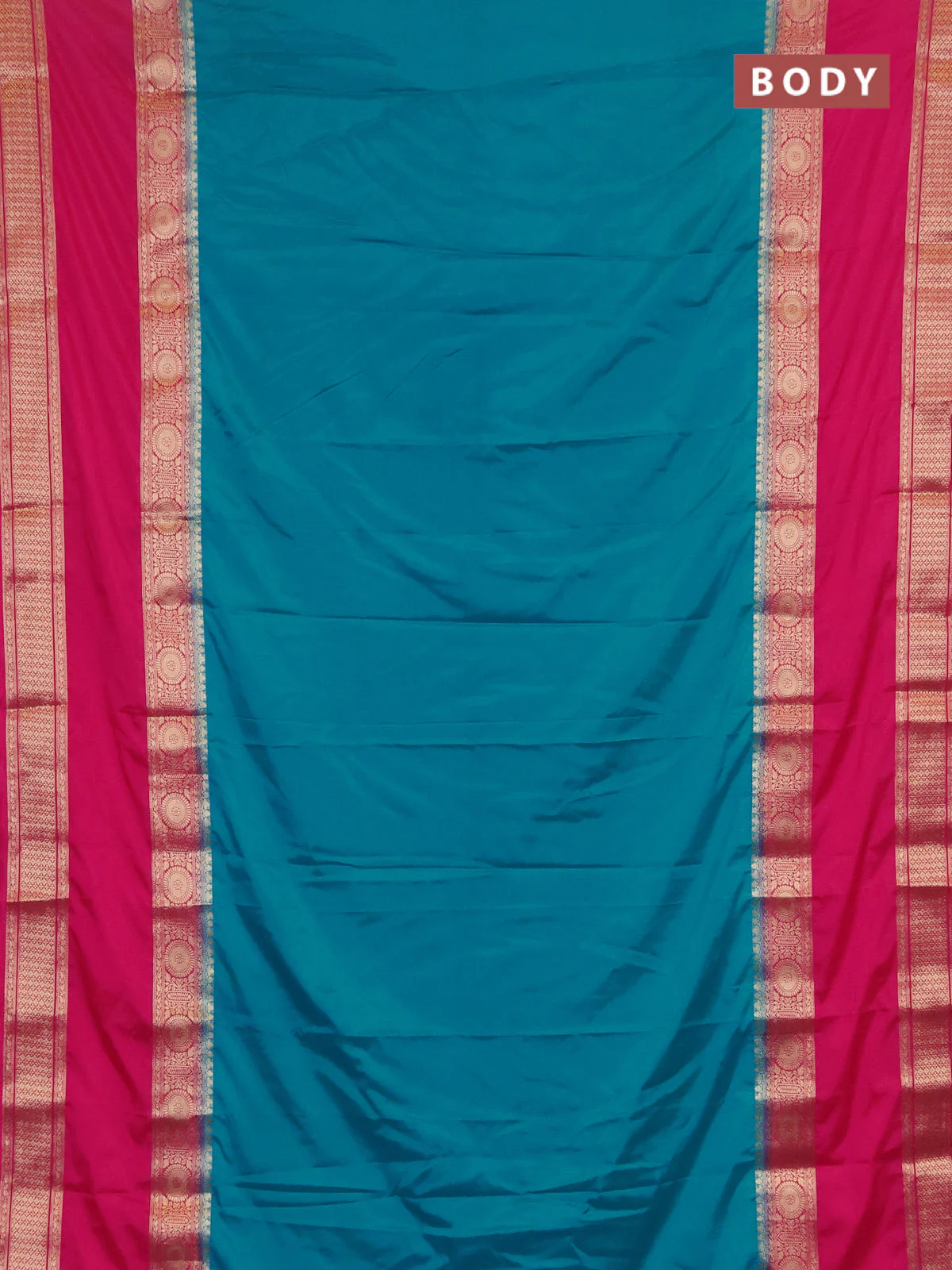 Semi mysore silk saree cs blue and pink with plain body and rettapet zari woven border - Image 2