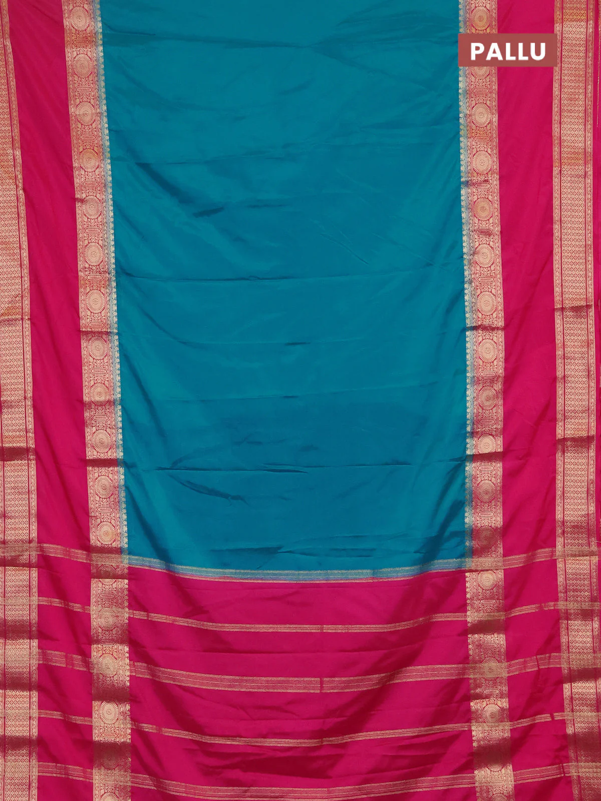 Semi mysore silk saree cs blue and pink with plain body and rettapet zari woven border - Image 3