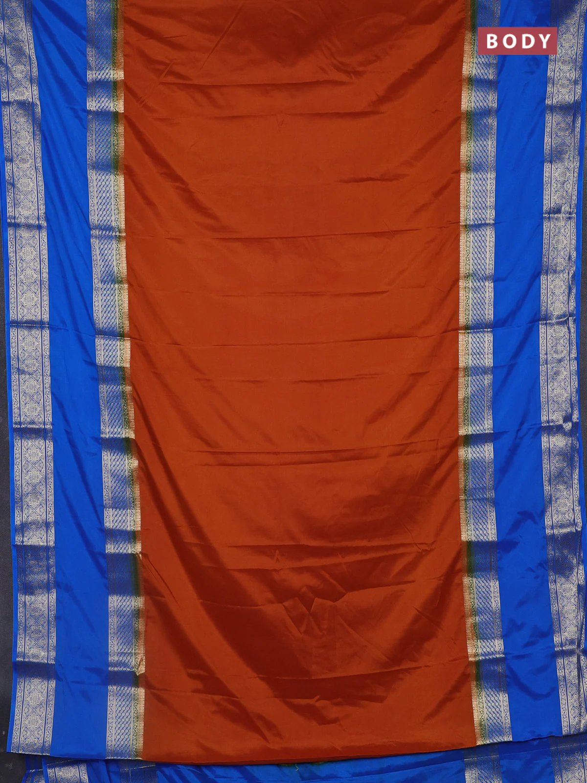 Semi mysore silk saree dark mustard and cs blue with plain body and rettapet zari woven border - Image 2