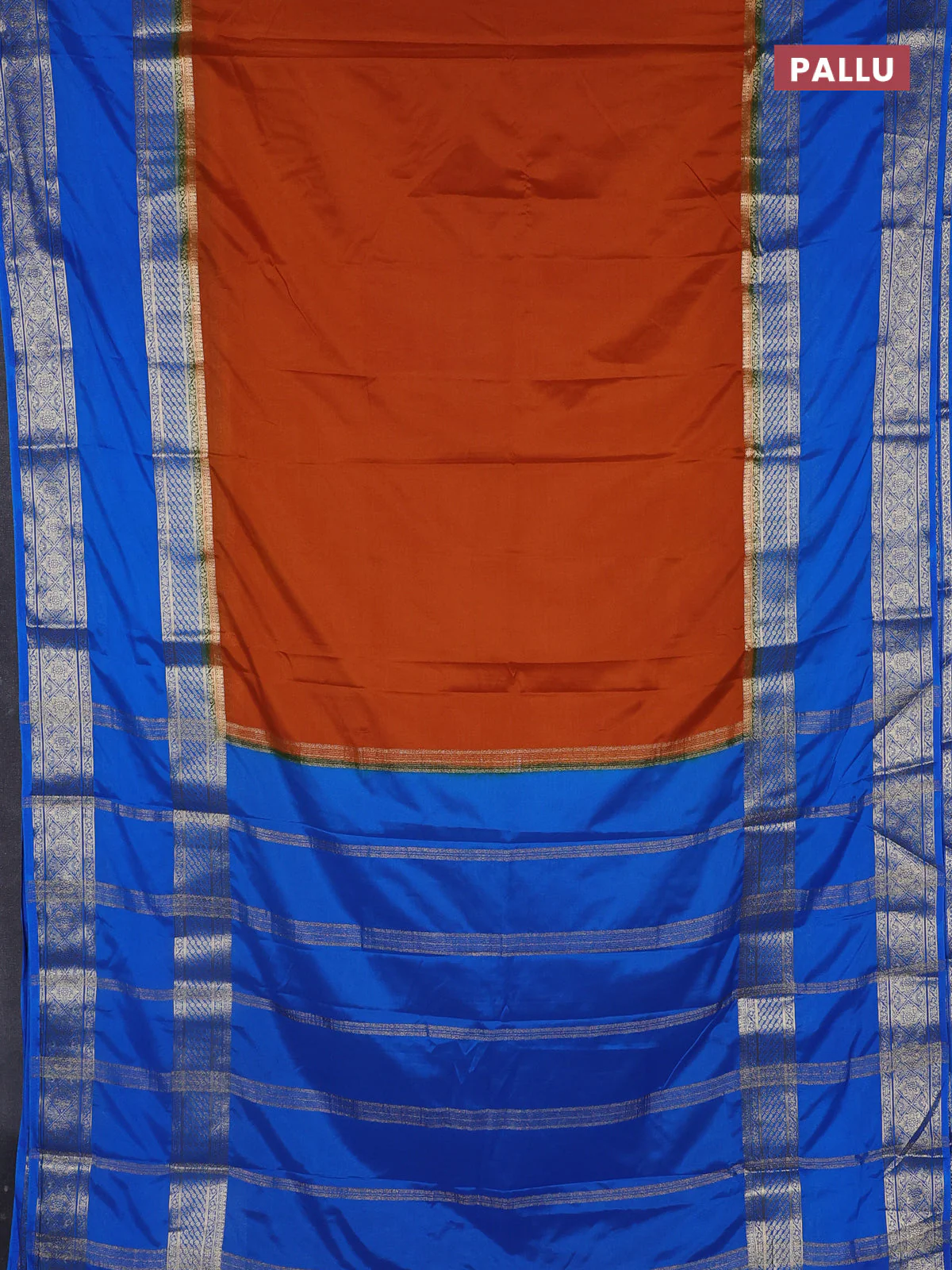Semi mysore silk saree dark mustard and cs blue with plain body and rettapet zari woven border - Image 3