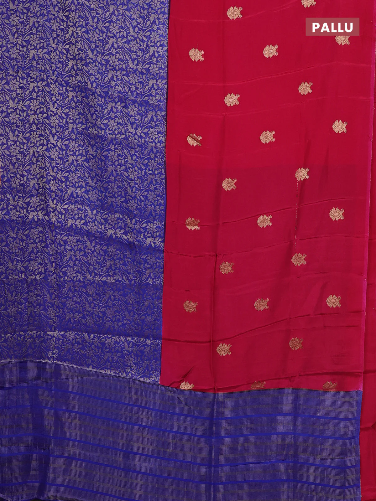 Semi mysore silk saree dark pink and blue with half & half style and long zari woven border - Image 3