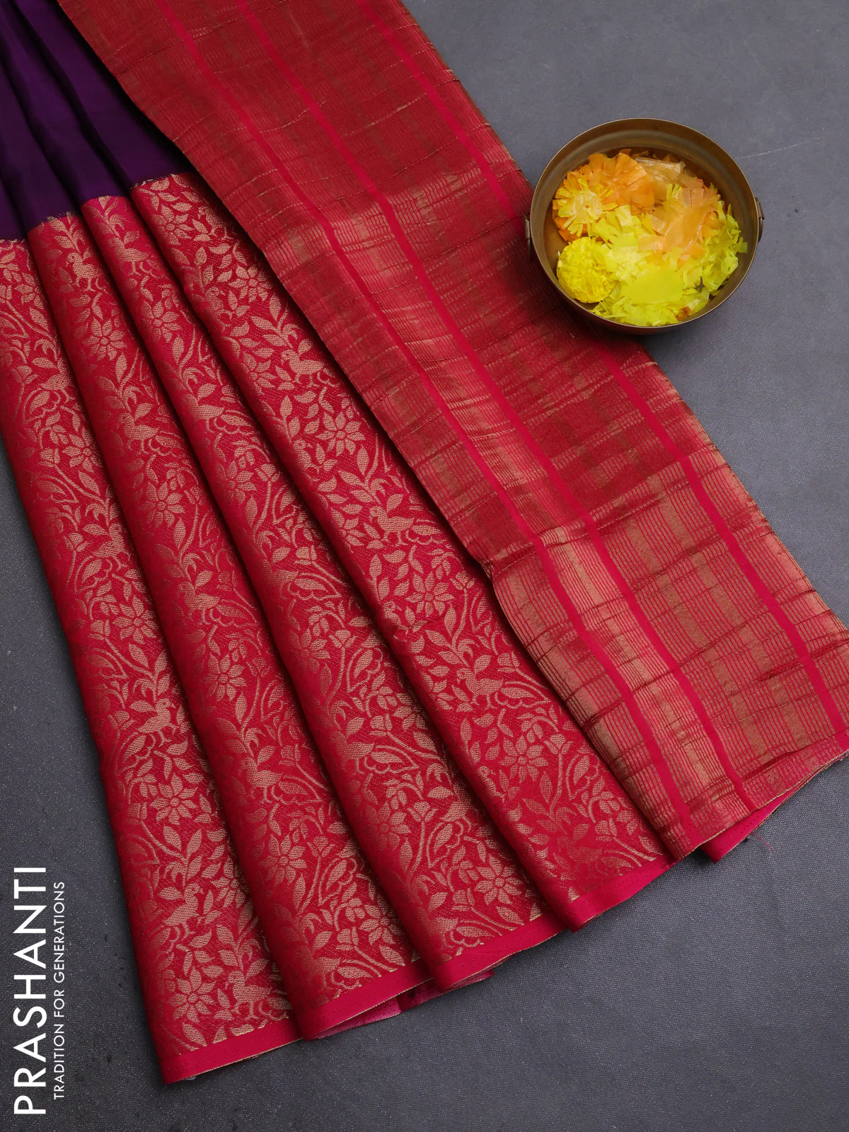 Semi mysore silk saree deep purple and pink with half & half style and long zari woven border
