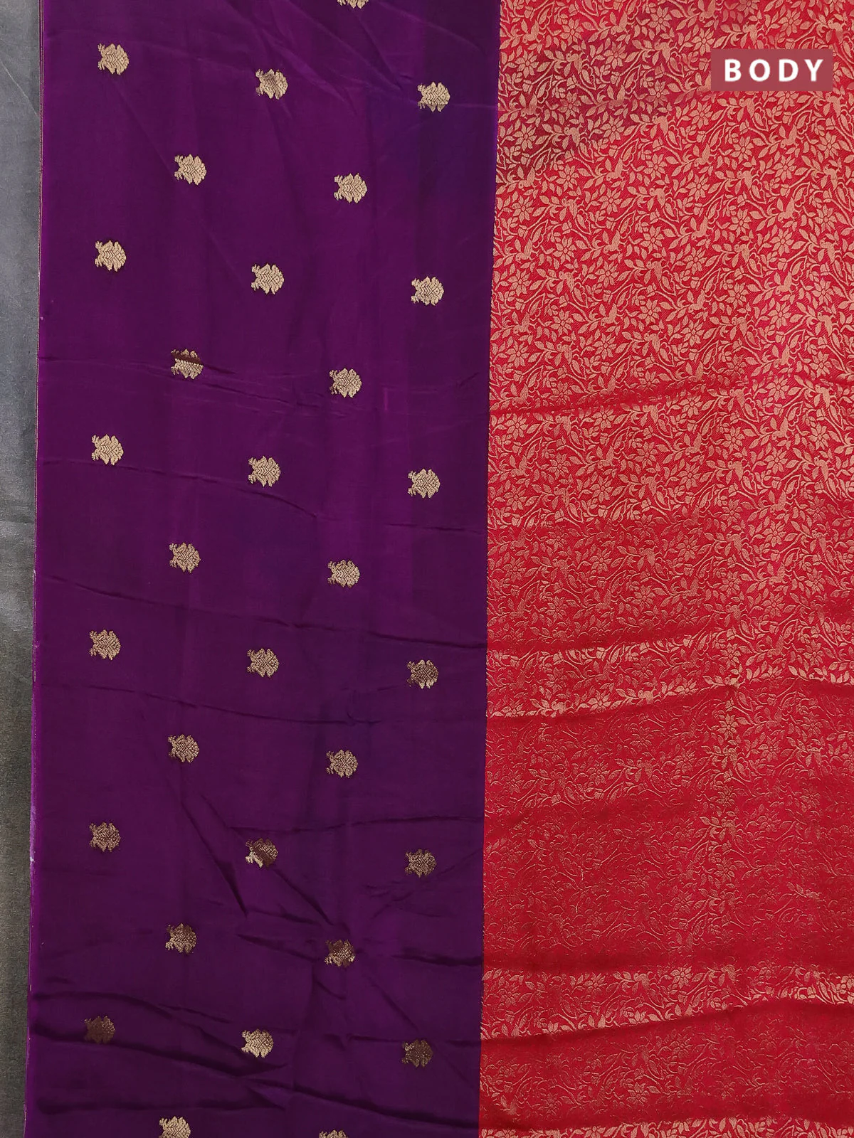 Semi mysore silk saree deep purple and pink with half & half style and long zari woven border - Image 2