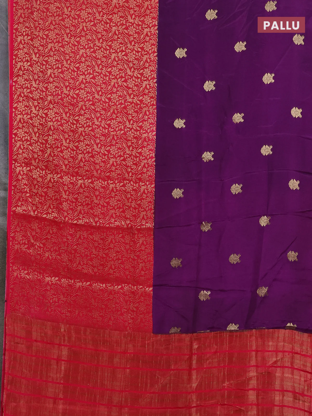 Semi mysore silk saree deep purple and pink with half & half style and long zari woven border - Image 3
