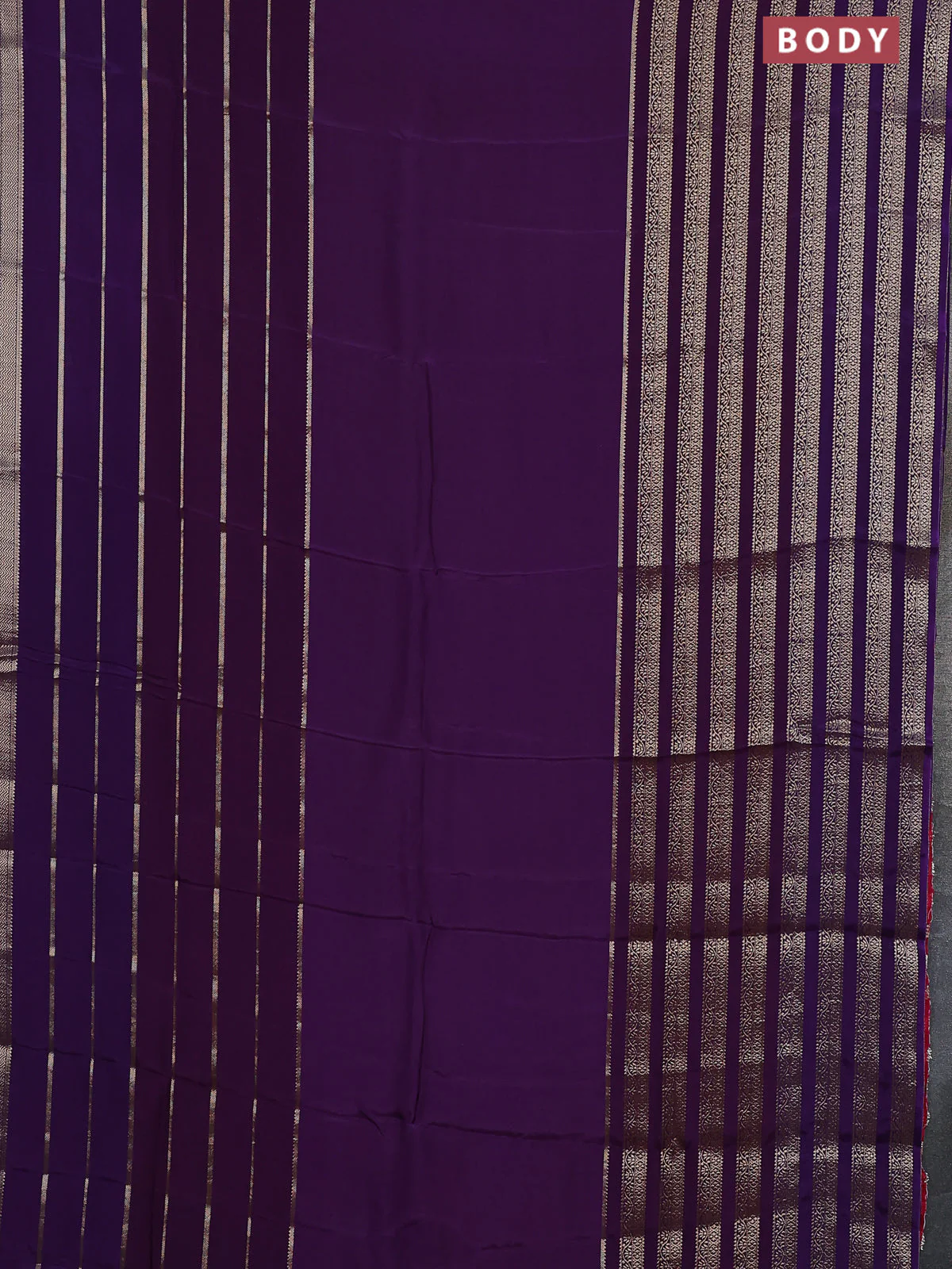 Semi mysore silk saree deep violet and pink with plain body and long zari woven border - Image 2