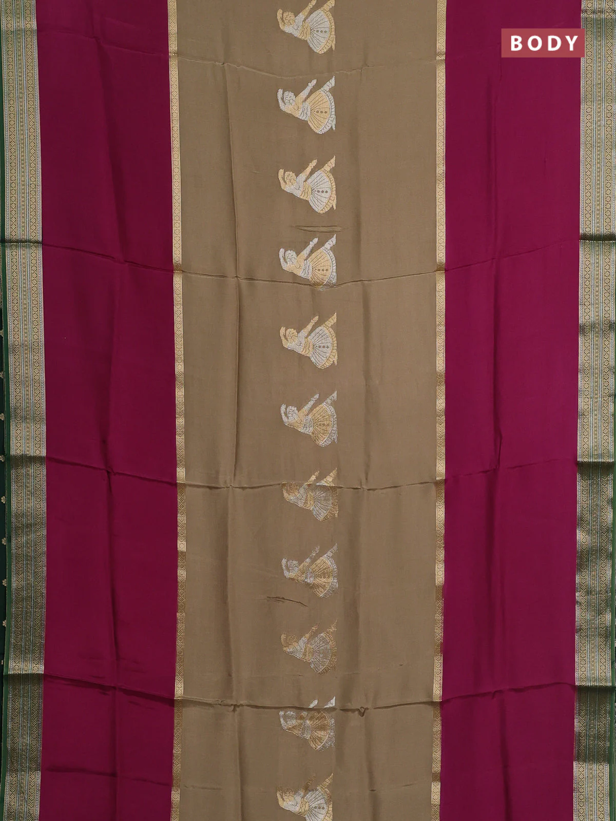 Semi mysore silk saree elaichi green purple and green with zari woven buttas and long zari woven border - Image 2