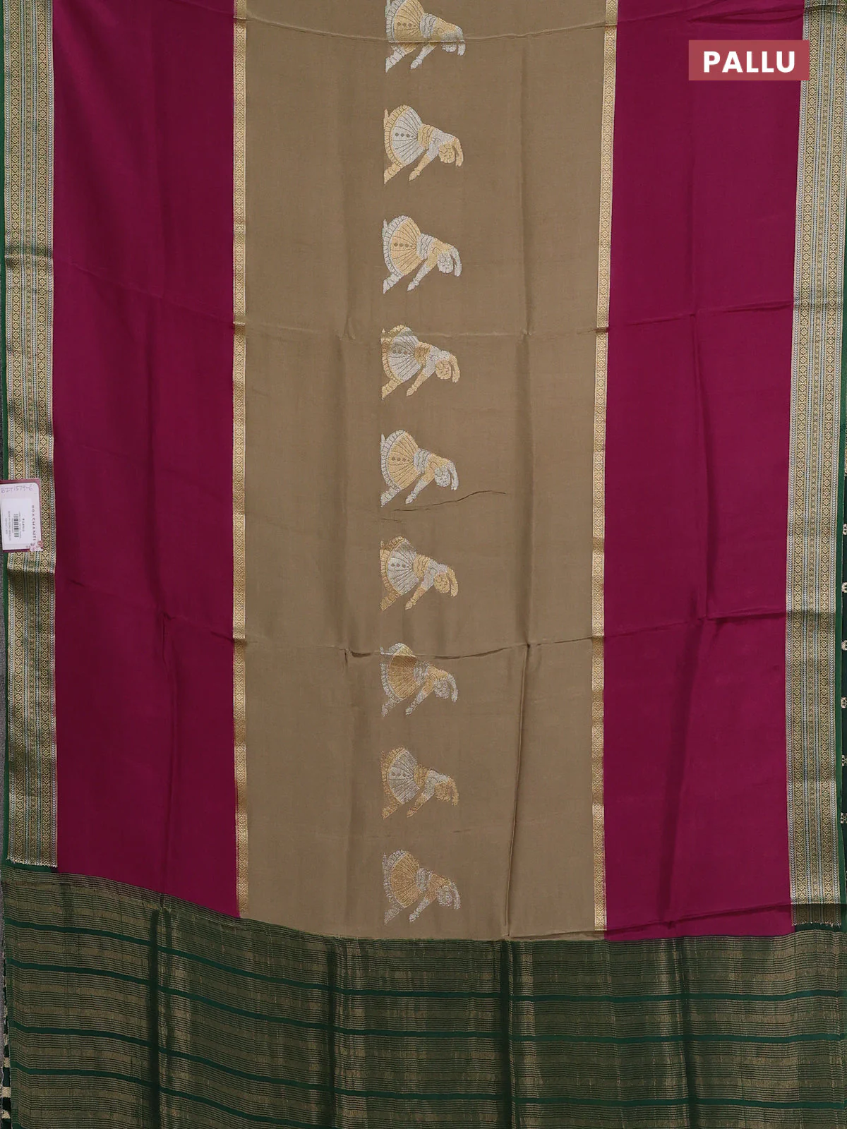 Semi mysore silk saree elaichi green purple and green with zari woven buttas and long zari woven border - Image 3