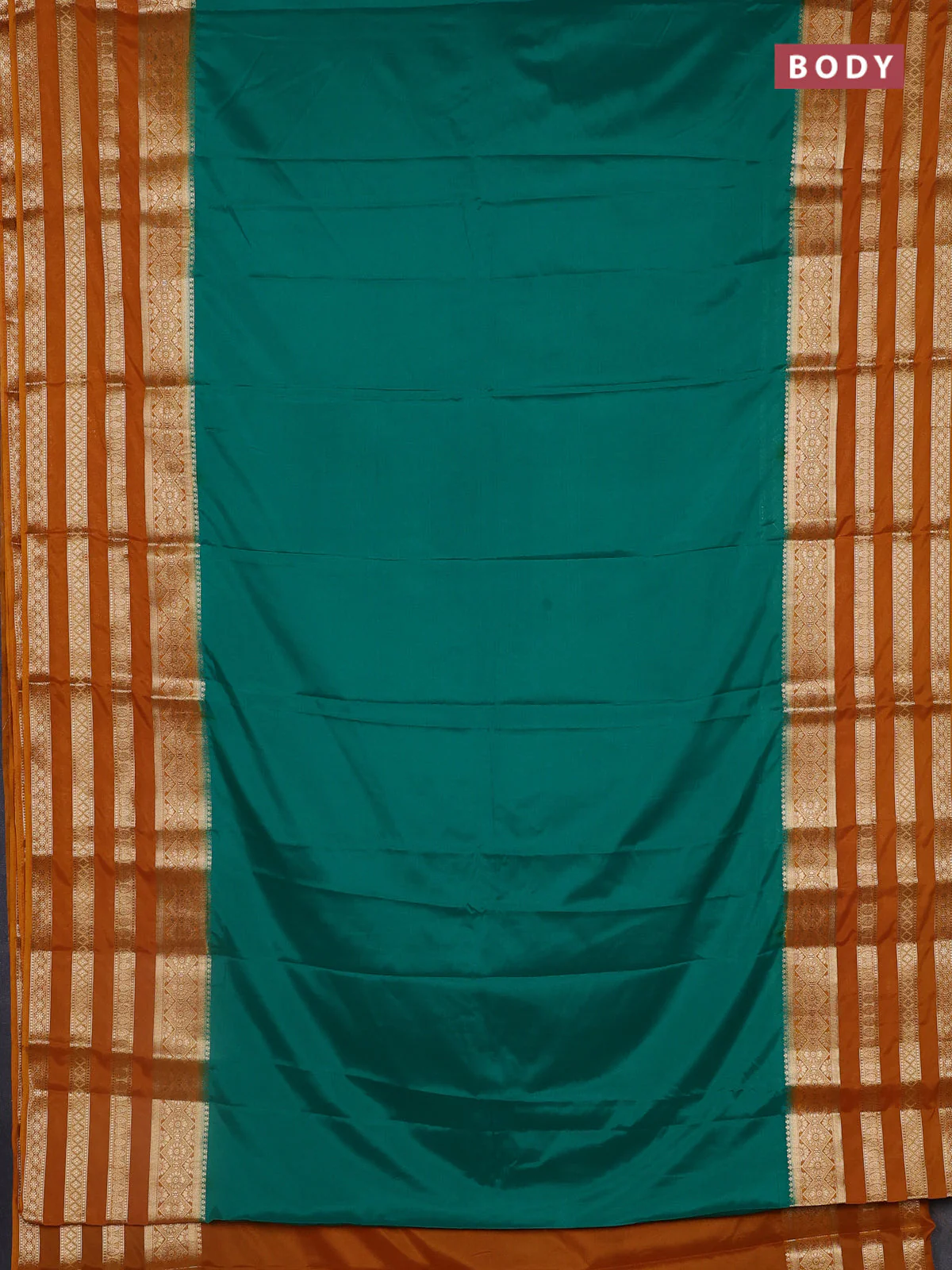 Semi mysore silk saree green and mustard yellow with plain body and long zari woven border - Image 2