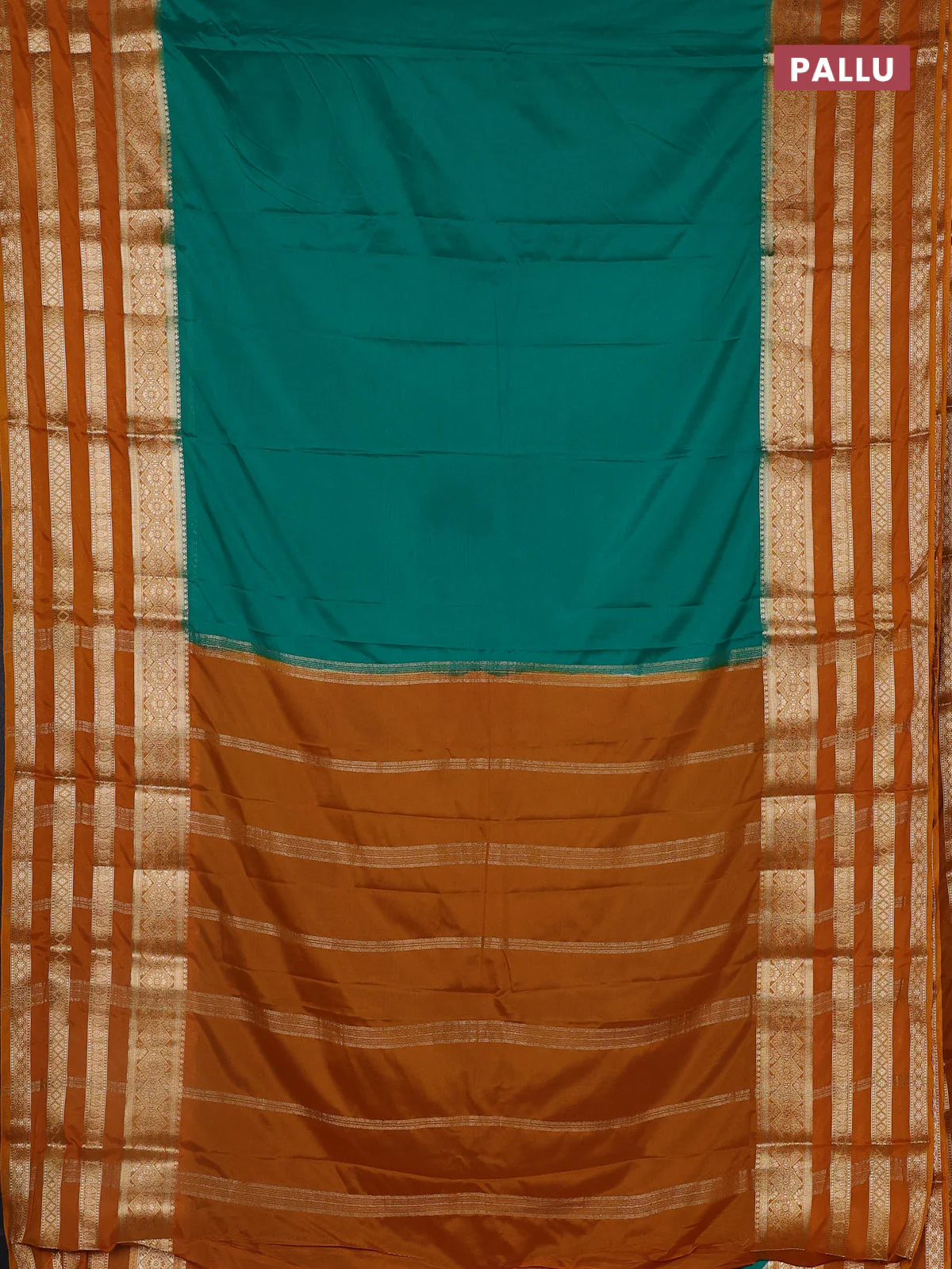 Semi mysore silk saree green and mustard yellow with plain body and long zari woven border - Image 3