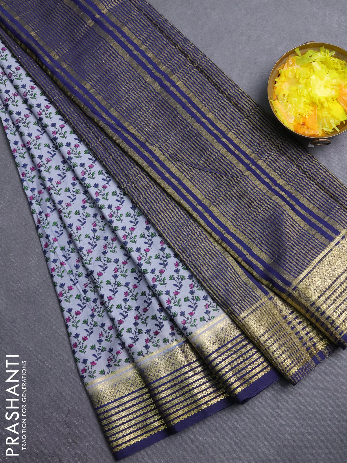 Semi mysore silk saree grey and navy blue with allover prints and zari woven border