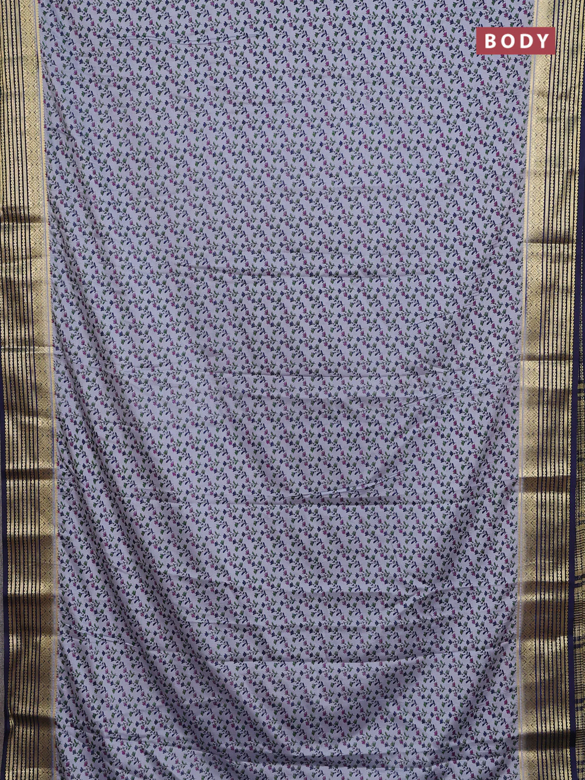 Semi mysore silk saree grey and navy blue with allover prints and zari woven border - Image 2
