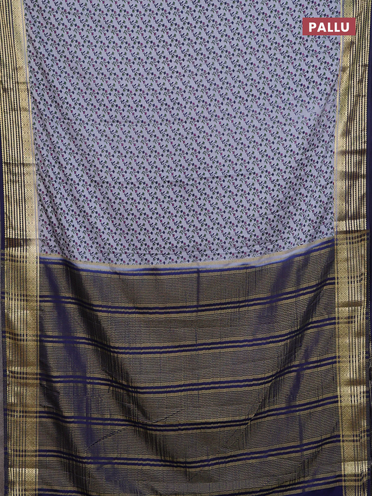 Semi mysore silk saree grey and navy blue with allover prints and zari woven border - Image 3
