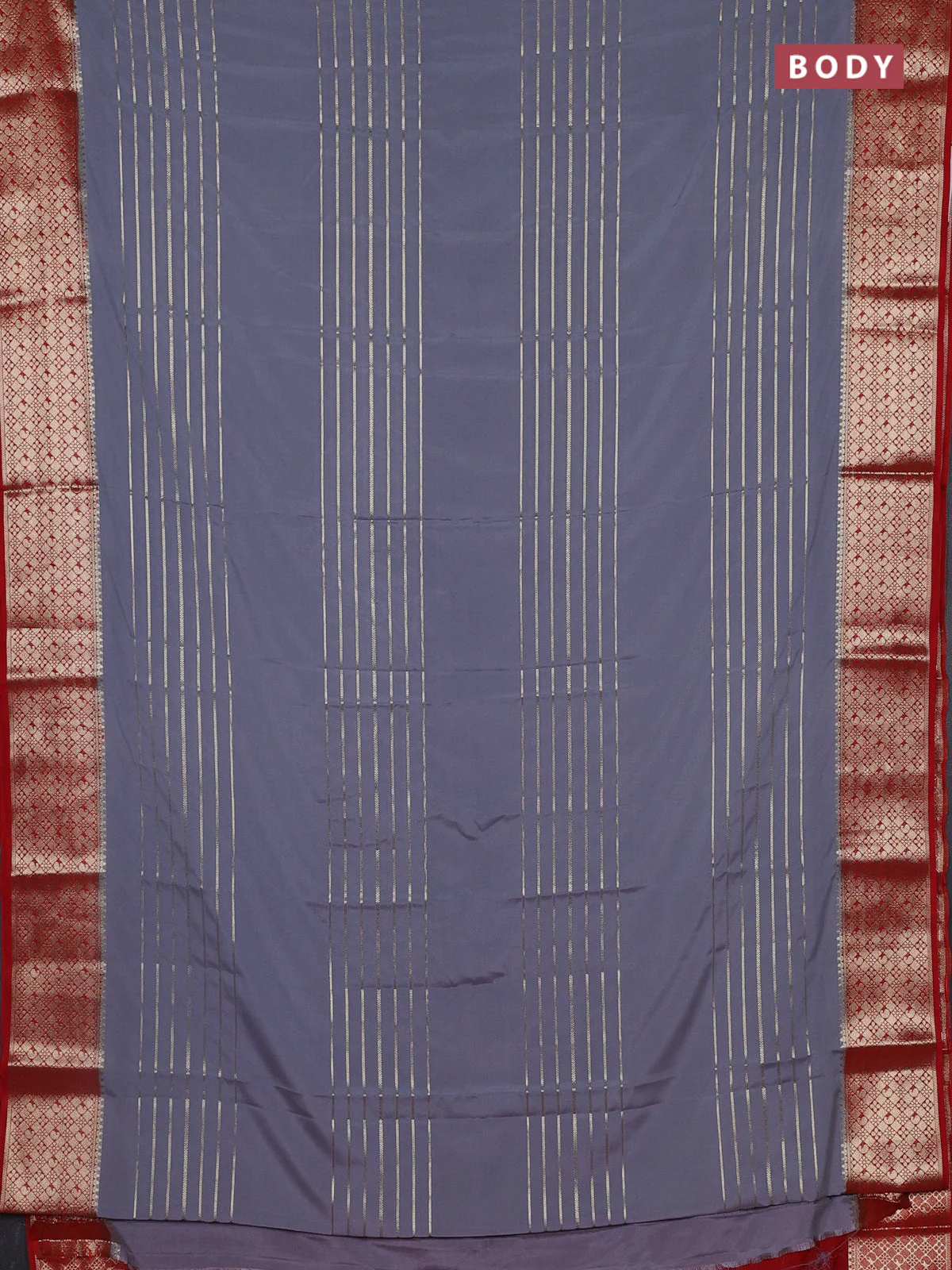 Semi mysore silk saree grey and red with allover zari weaves and zari woven border - Image 2