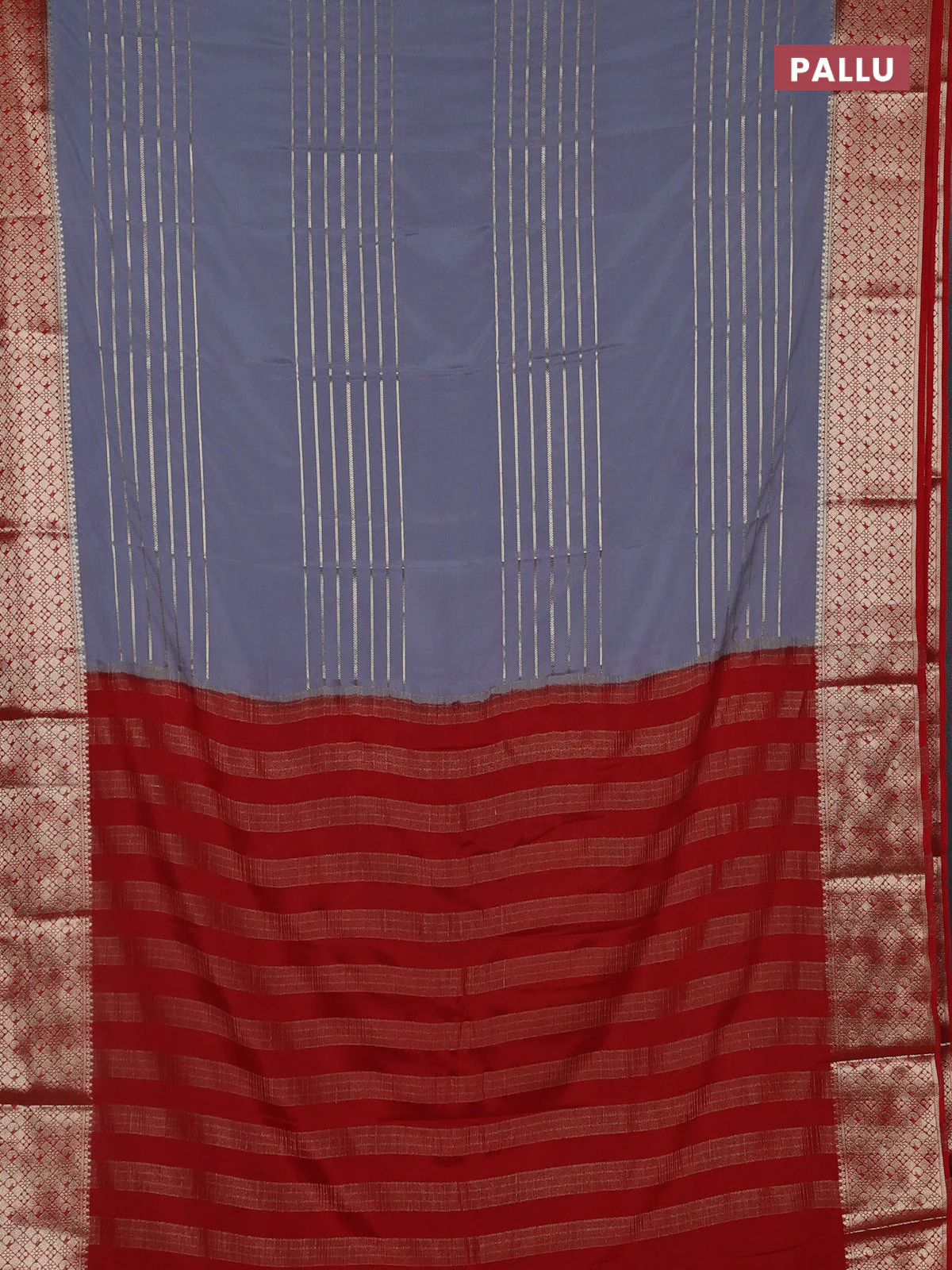 Semi mysore silk saree grey and red with allover zari weaves and zari woven border - Image 3