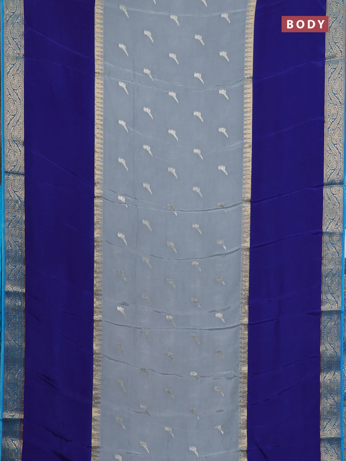 Semi mysore silk saree grey blue and teal blue with zari woven buttas and rettapet zari woven border - Image 2