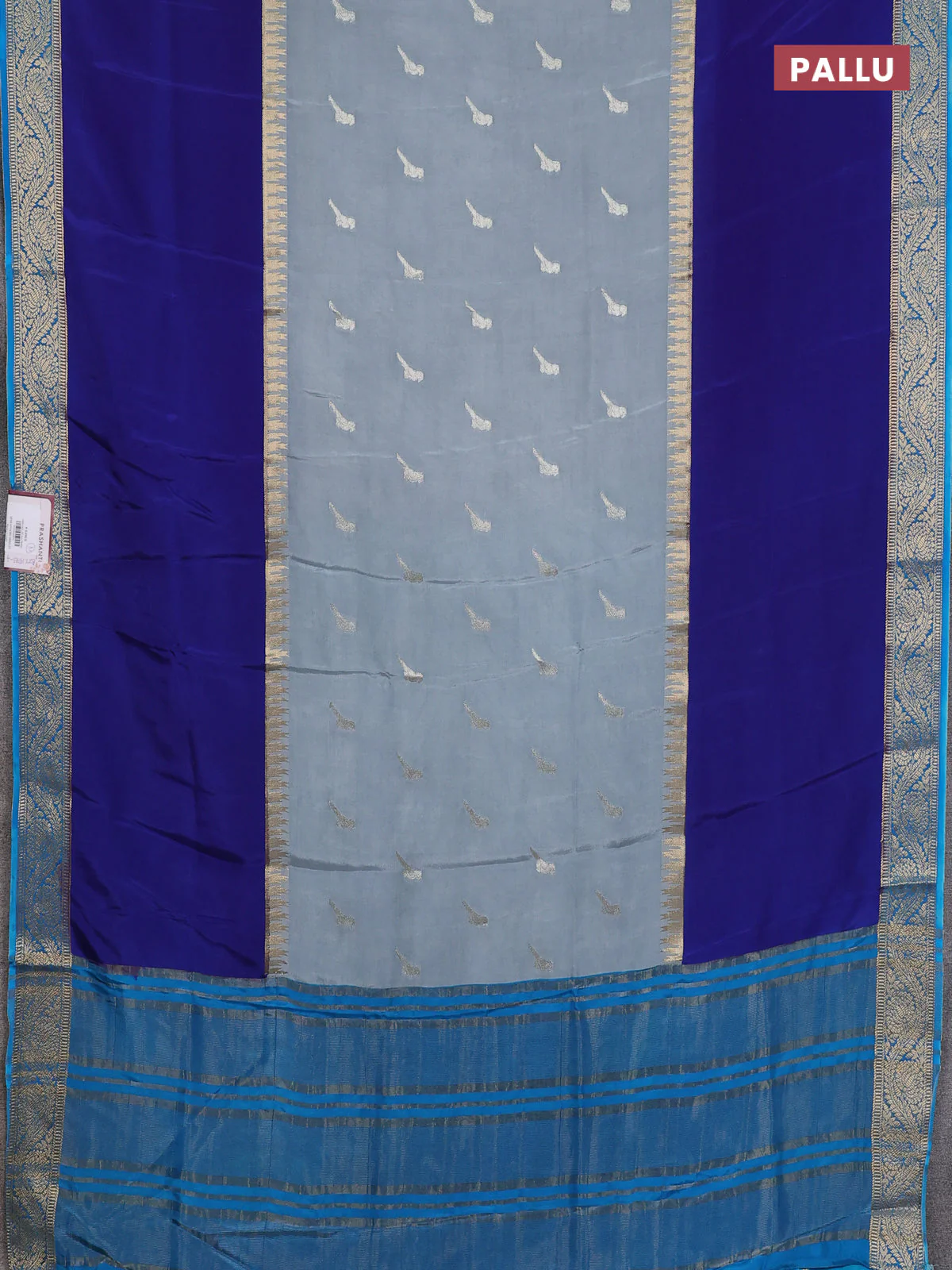 Semi mysore silk saree grey blue and teal blue with zari woven buttas and rettapet zari woven border - Image 3