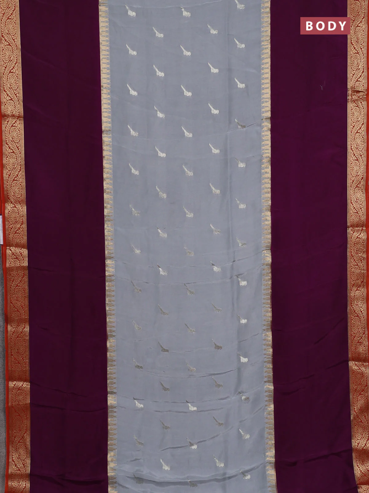 Semi mysore silk saree grey purple and orange with zari woven buttas and rettapet zari woven border - Image 2