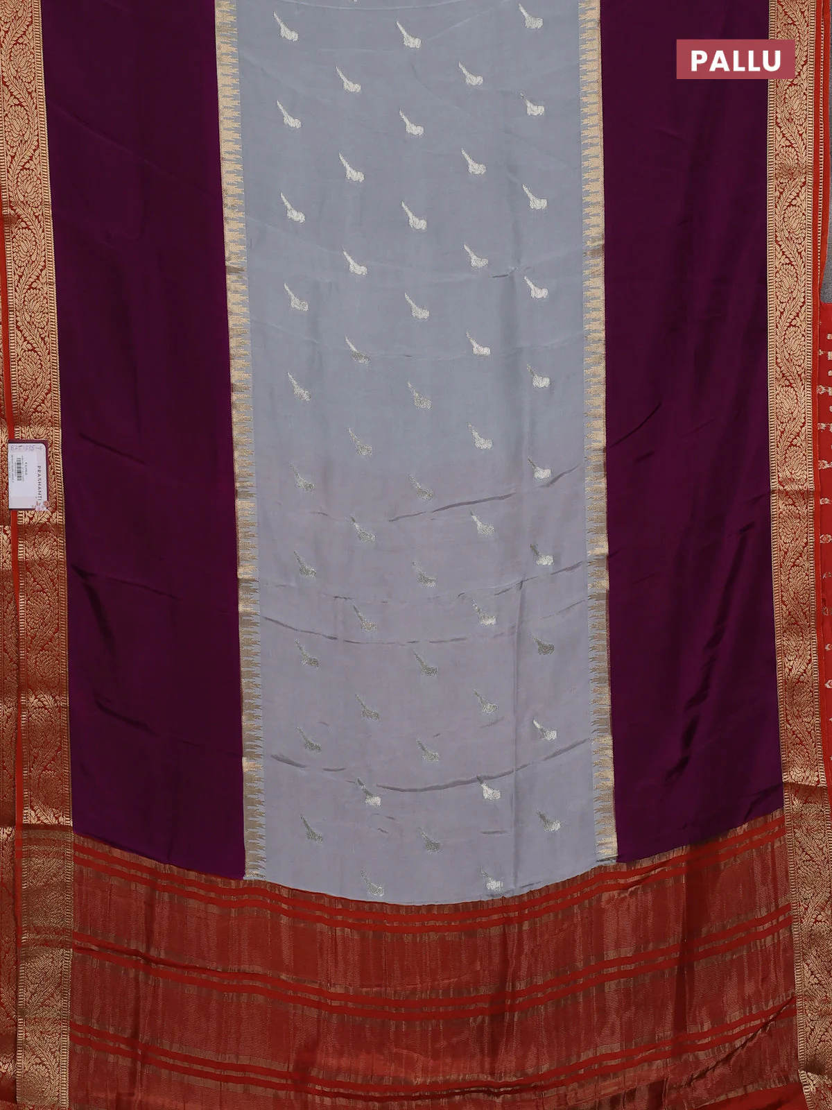 Semi mysore silk saree grey purple and orange with zari woven buttas and rettapet zari woven border - Image 3