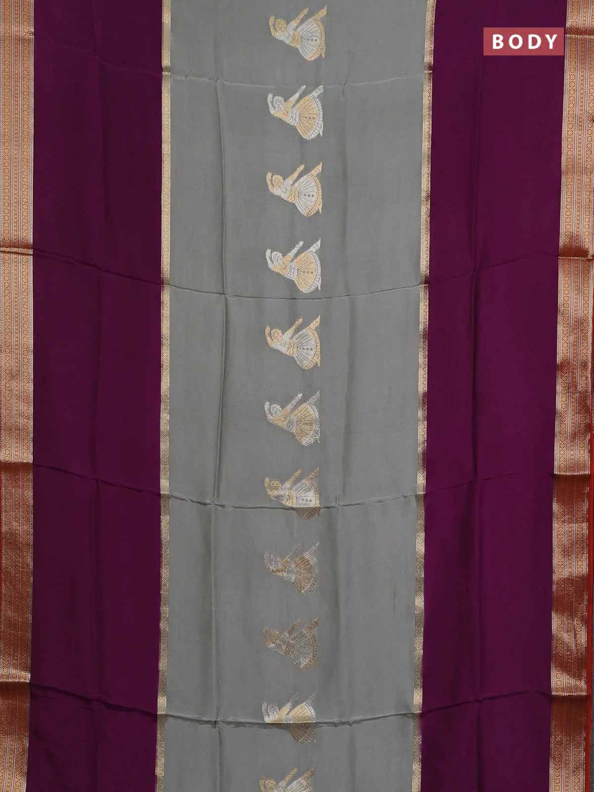 Semi mysore silk saree grey purple and rustic orange with zari woven buttas and long zari woven border - Image 2