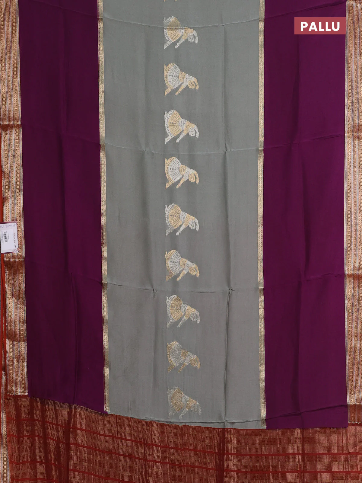 Semi mysore silk saree grey purple and rustic orange with zari woven buttas and long zari woven border - Image 3