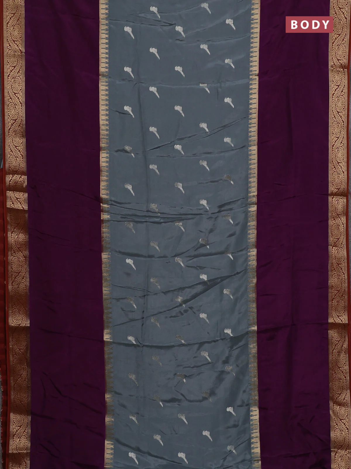 Semi mysore silk saree grey purple and rustic orange with zari woven buttas and rettapet zari woven border - Image 2