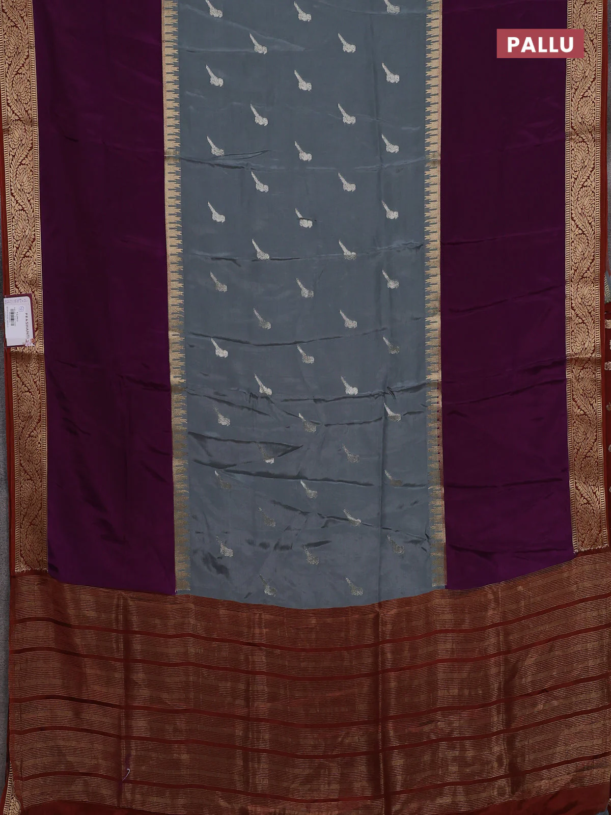 Semi mysore silk saree grey purple and rustic orange with zari woven buttas and rettapet zari woven border - Image 3