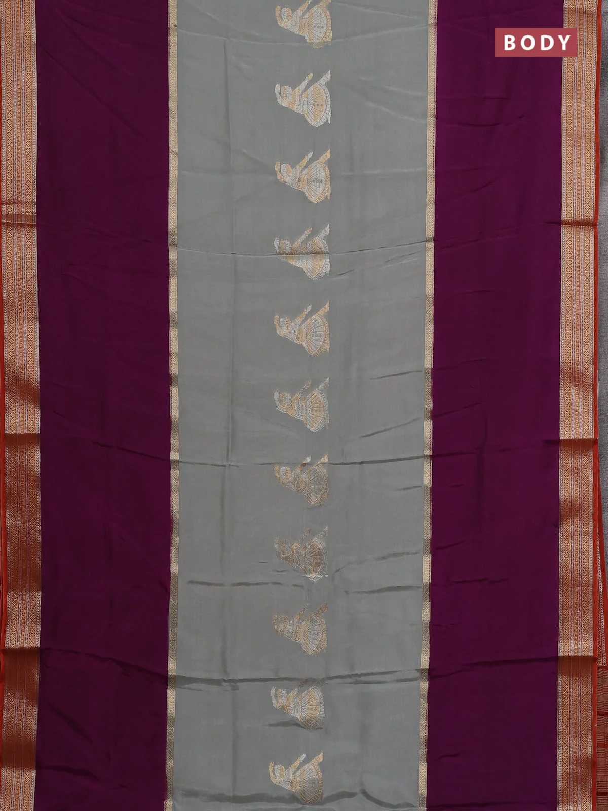 Semi mysore silk saree grey purple and rustic orange with zari woven buttas and zari woven border - Image 2