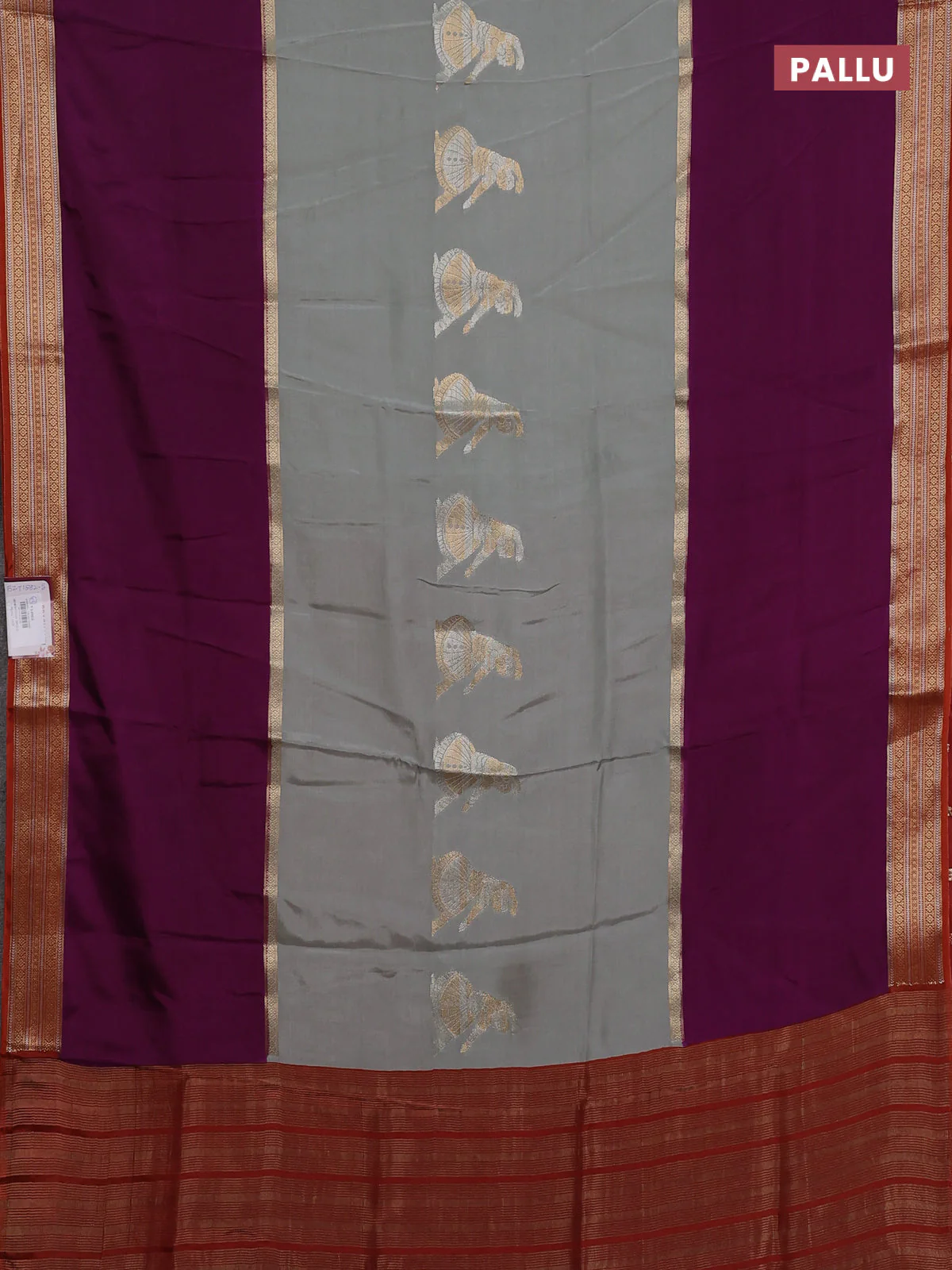 Semi mysore silk saree grey purple and rustic orange with zari woven buttas and zari woven border - Image 3